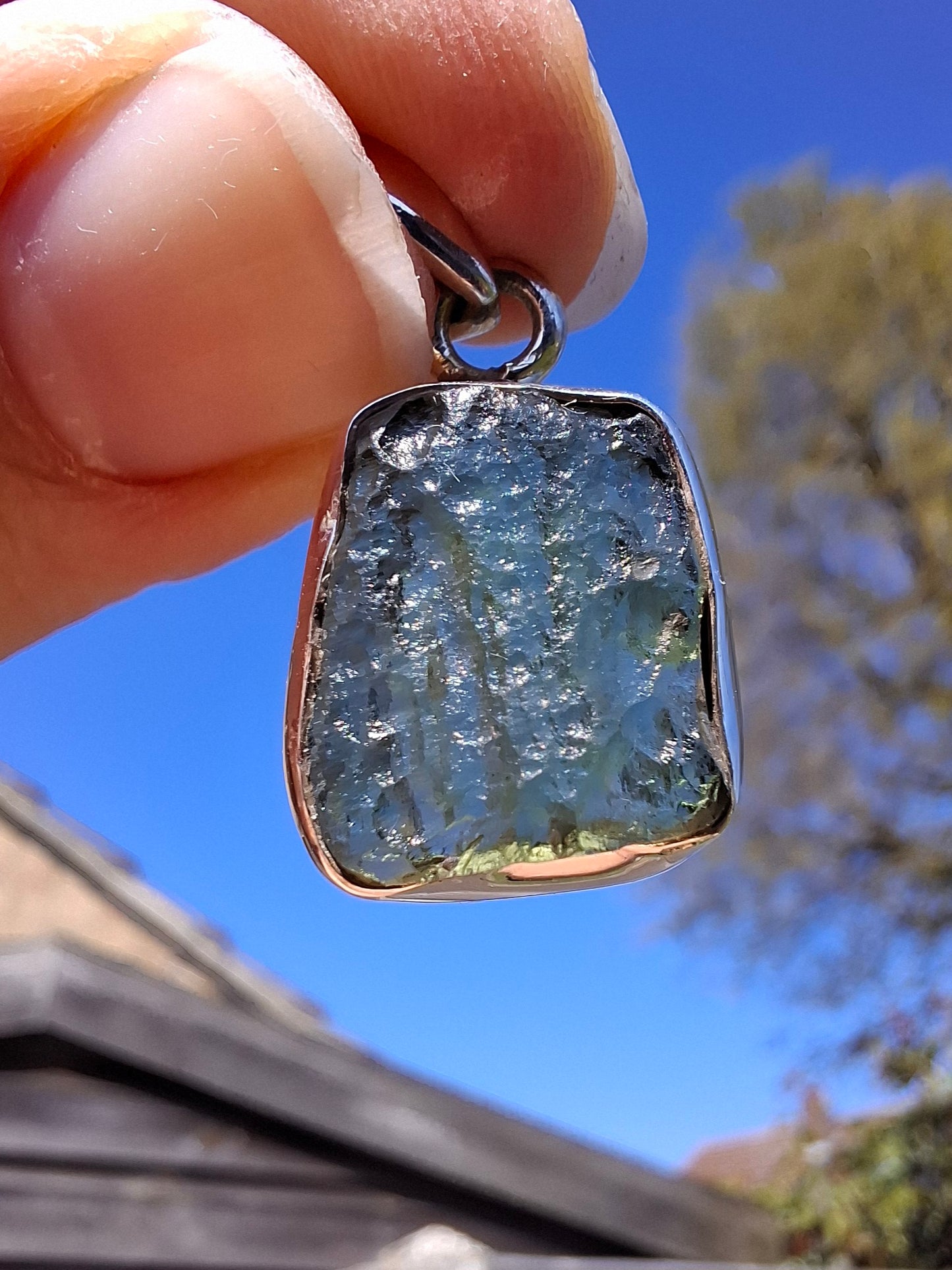 Moldavite Pendant, 925 Silver, Tektite (Ref: P9)