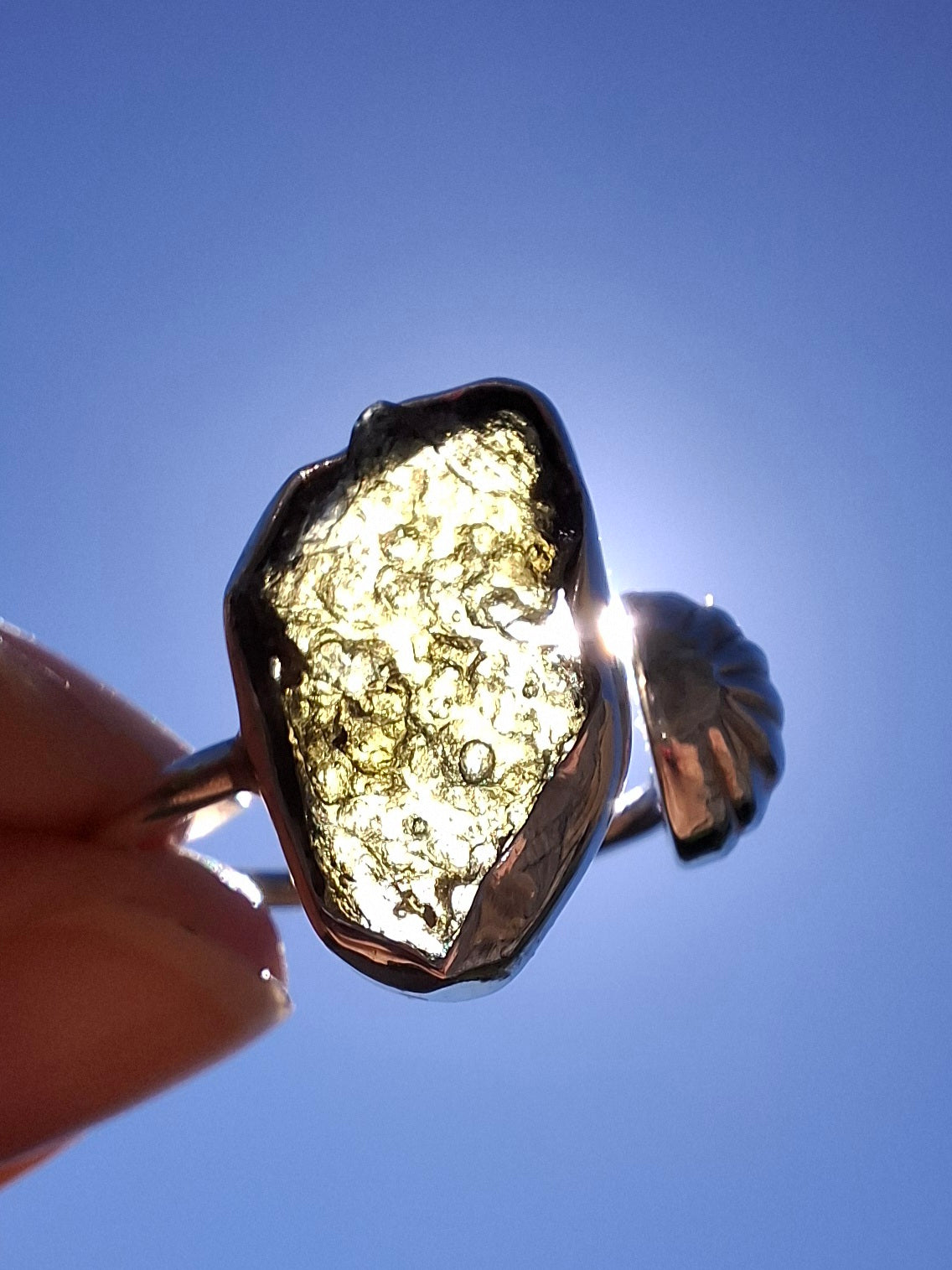 Moldavite ADJUSTABLE Ring, size large O, 925 Silver, Tektite (Ref: AR44)