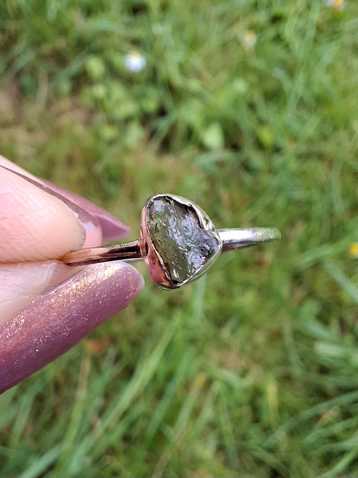 Moldavite Ring, size R, 925 Silver, Tektite (Ref: R64)