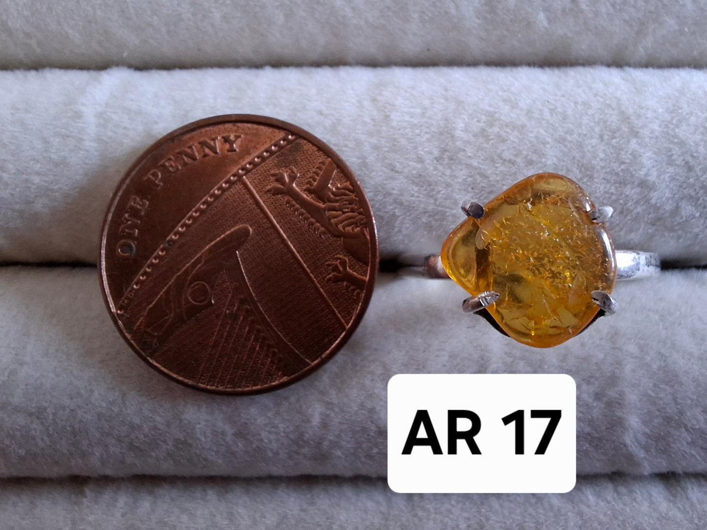 Baltic Amber Ring, size large R, 925 Silver, Fossil (Ref: AR17)