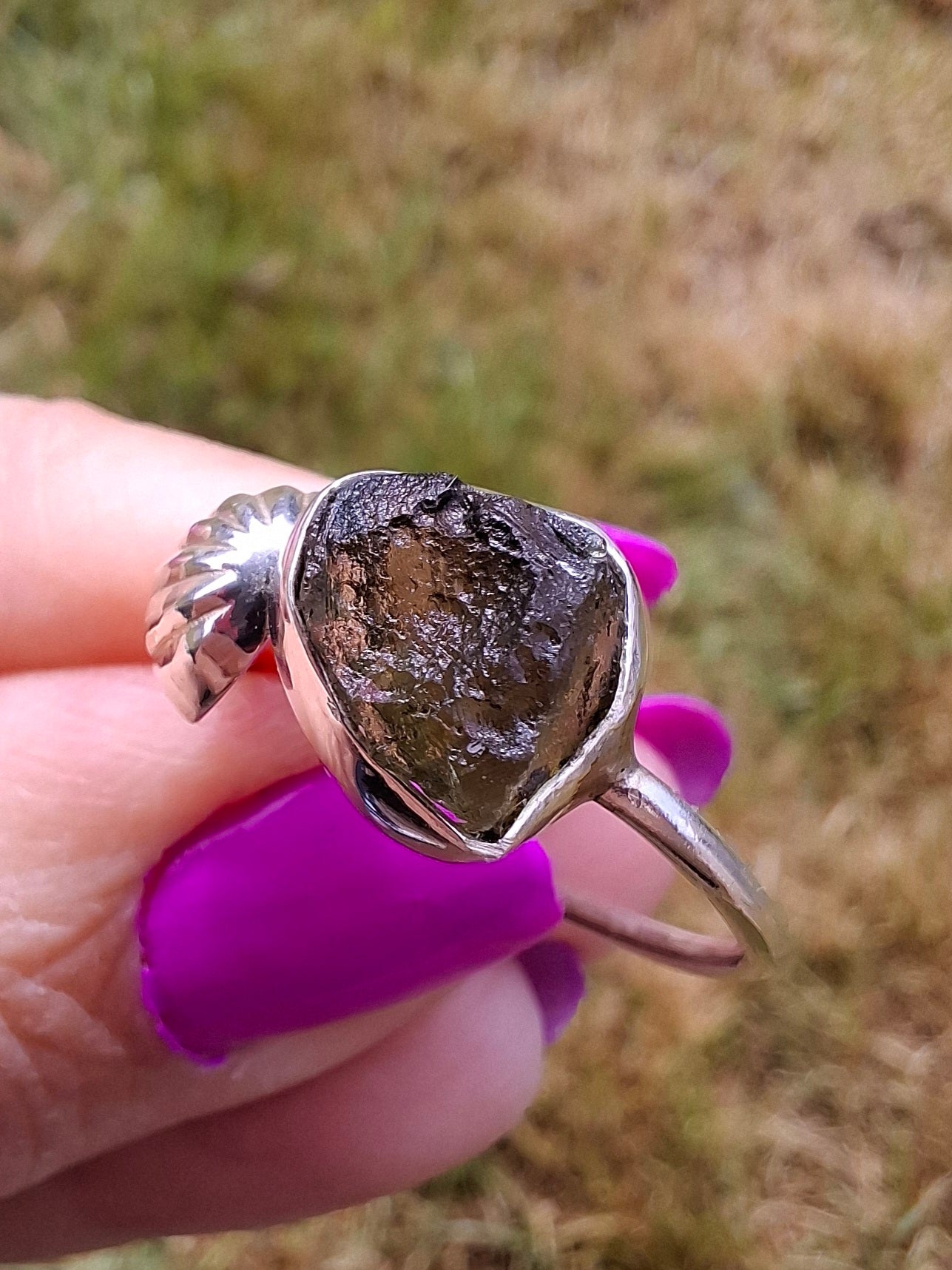 Moldavite ADJUSTABLE Ring, size large V/small W, 925 Silver, Tektite (Ref: AR51)