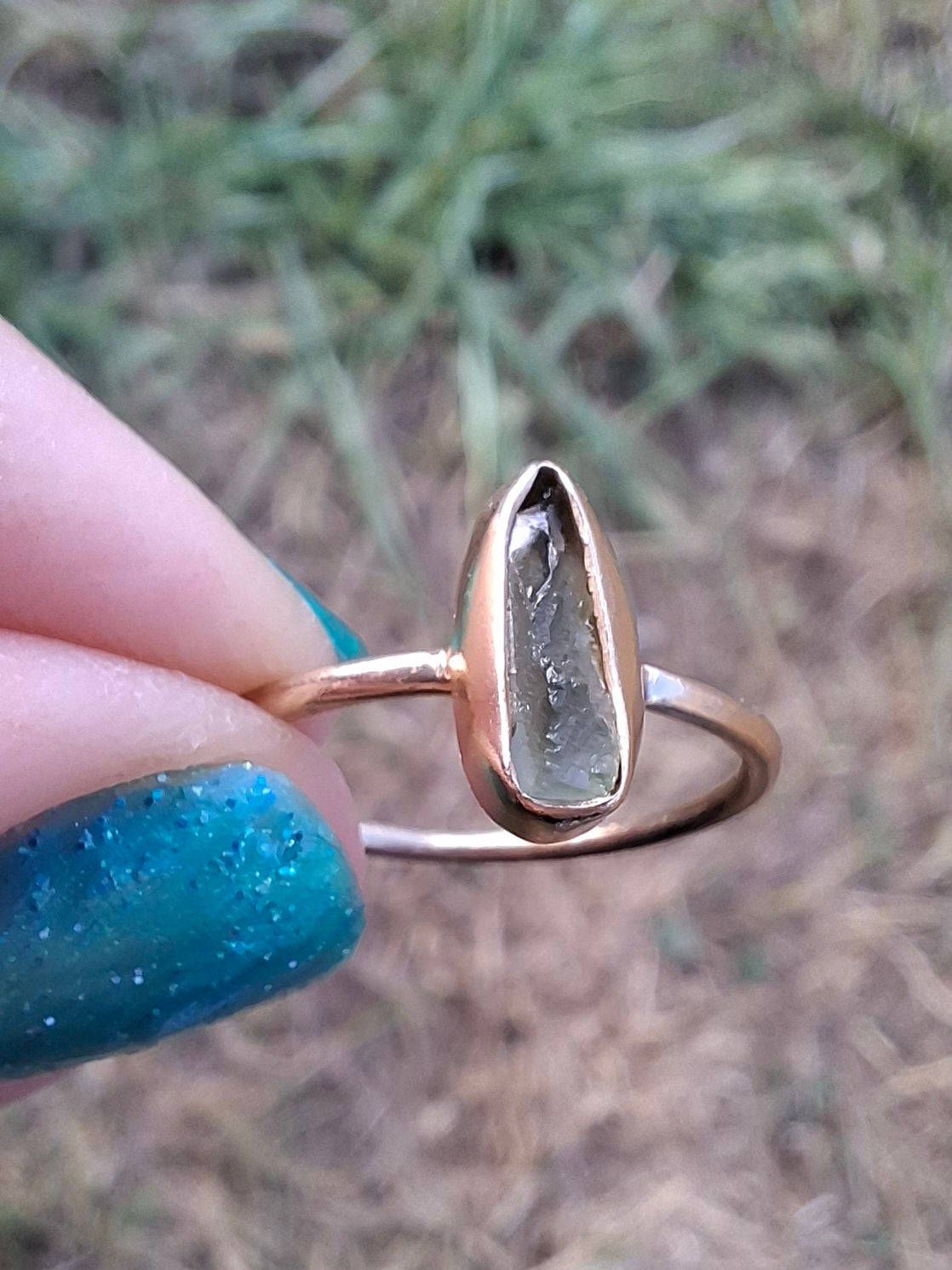 Moldavite Ring, 14K GOLD Plated, size large K / small L, Tektite (Ref: R335)