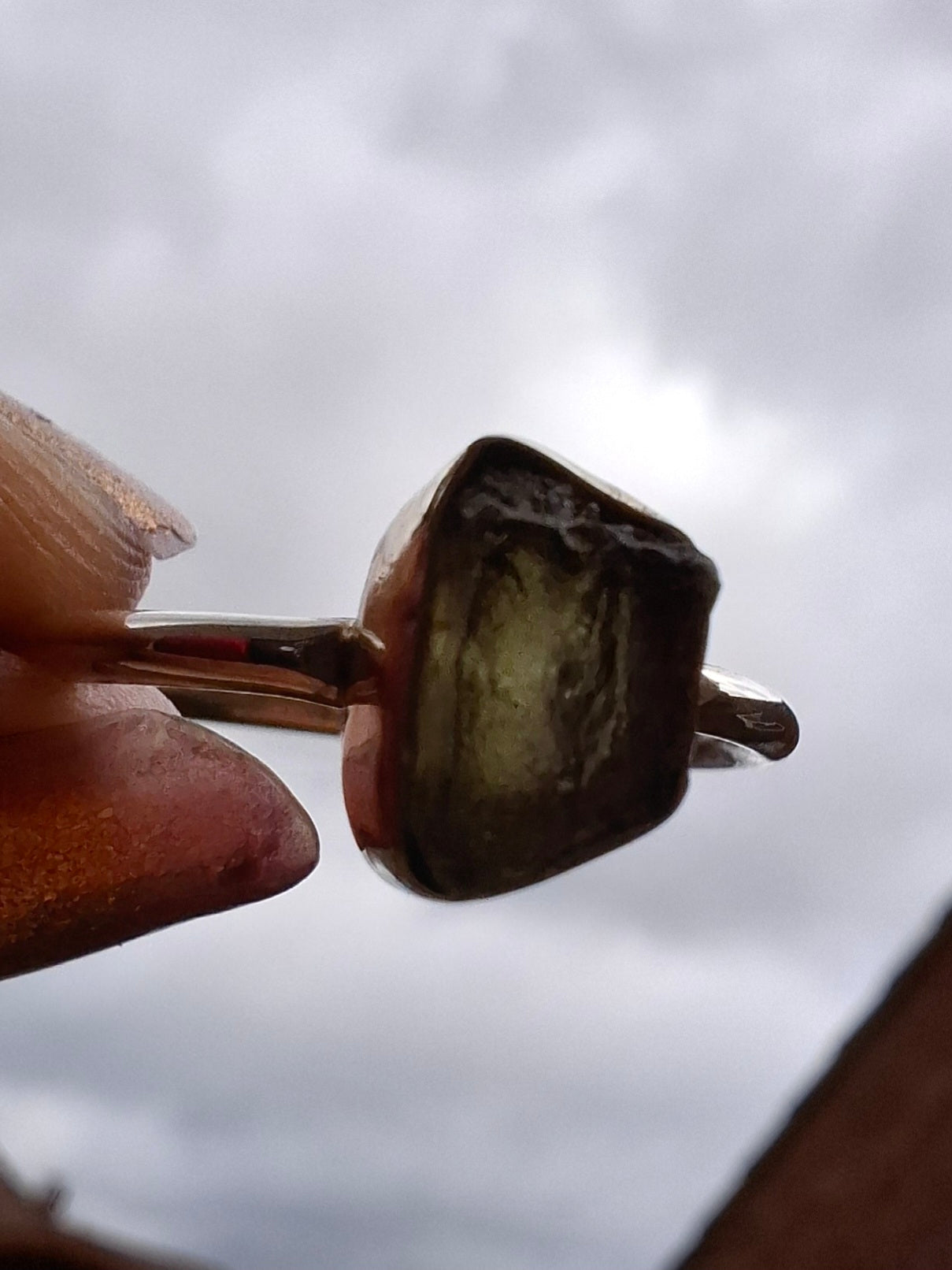 Moldavite Ring, size small W, 925 Silver, Tektite (Ref: R59)