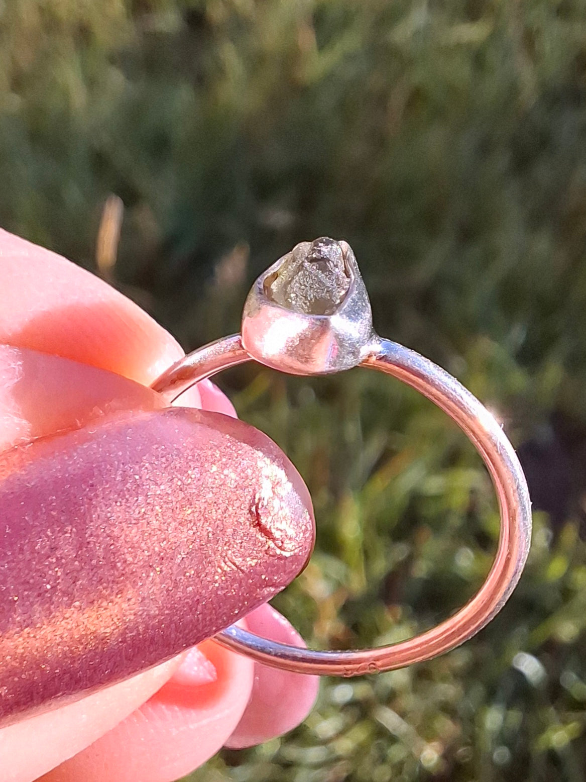 Moldavite Ring, size small L, 925 Silver, Tektite (Ref: R35)