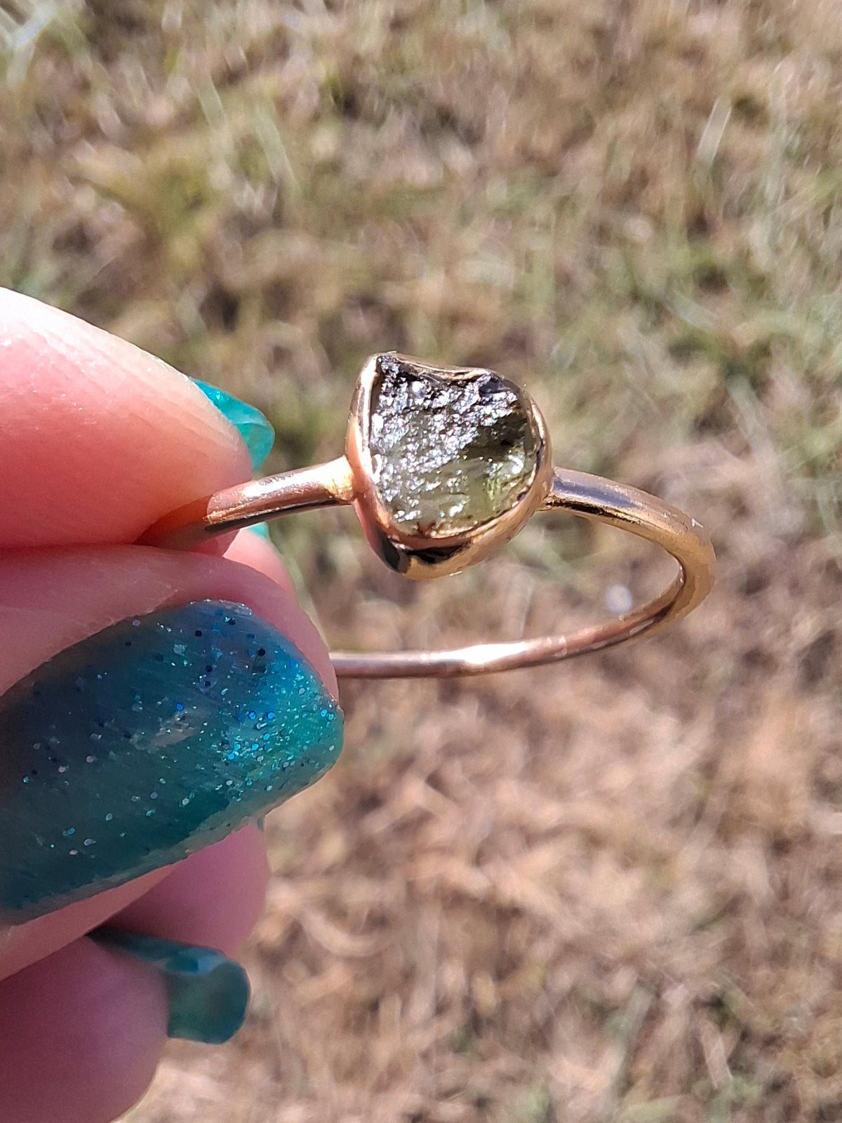 Moldavite Ring, 14K GOLD Plated, size U, Tektite (Ref: R348)