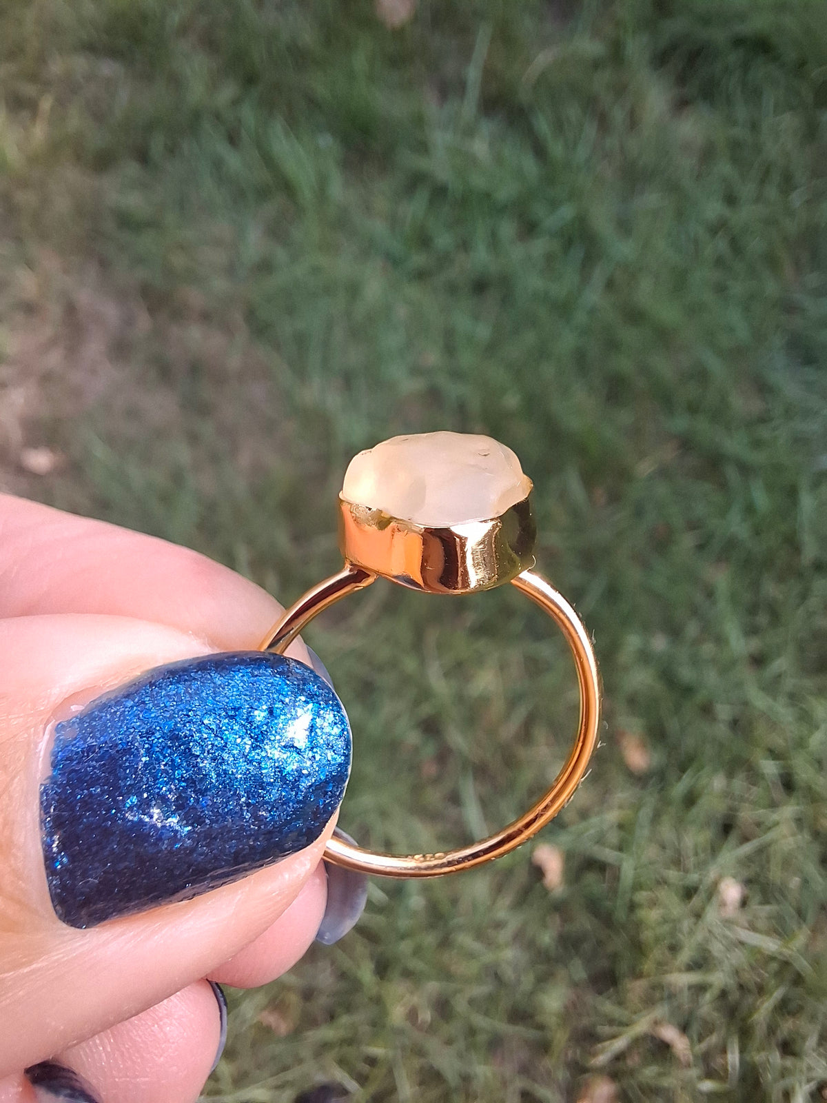 Libyan Desert Glass Ring, 14K GOLD Plated, size large P/small Q, Tektite (Ref: LR73)