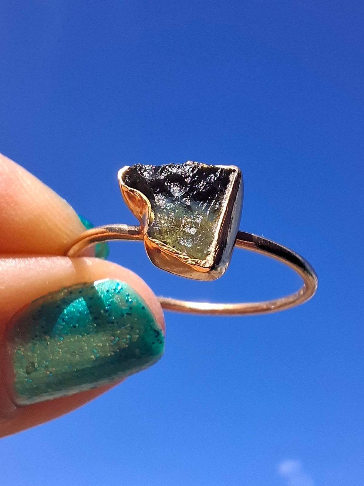 Moldavite Ring, 14K GOLD Plated, size large U, Tektite (Ref: R351)