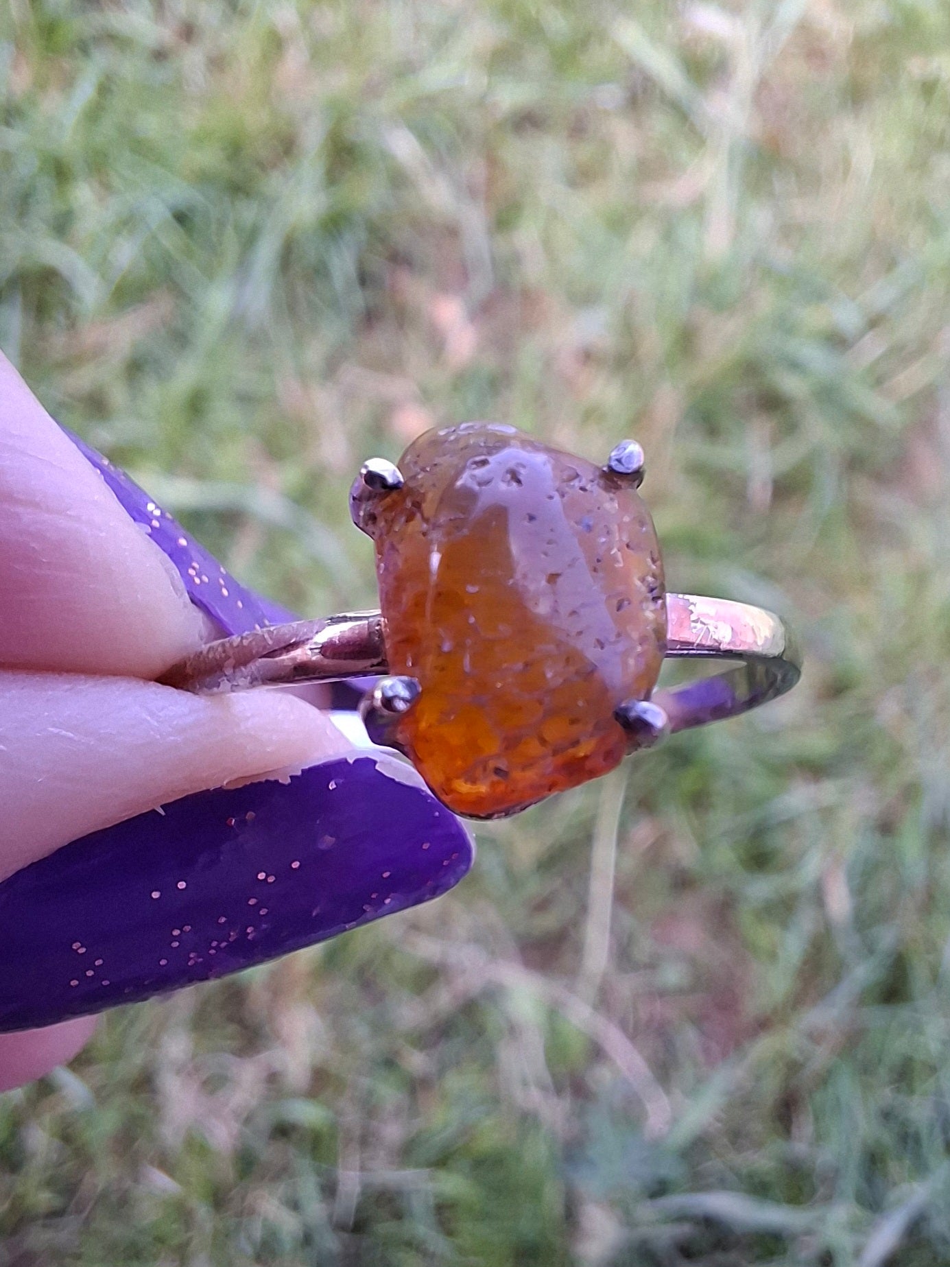 Baltic Amber Ring, size large W, 925 Silver, Fossil (Ref: AR28)