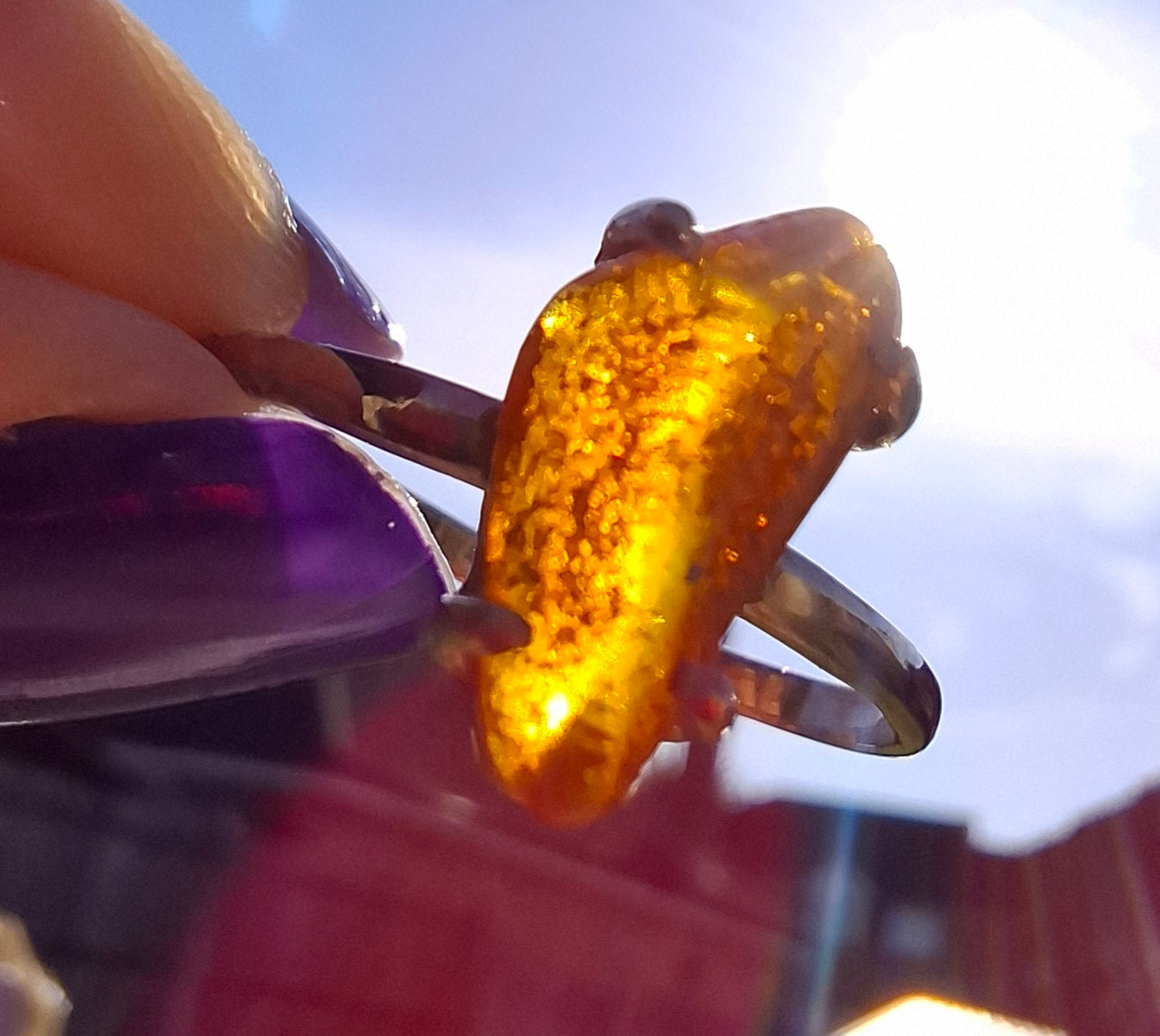 Baltic Amber Ring, size large V, 925 Silver, Fossil (Ref: AR26)