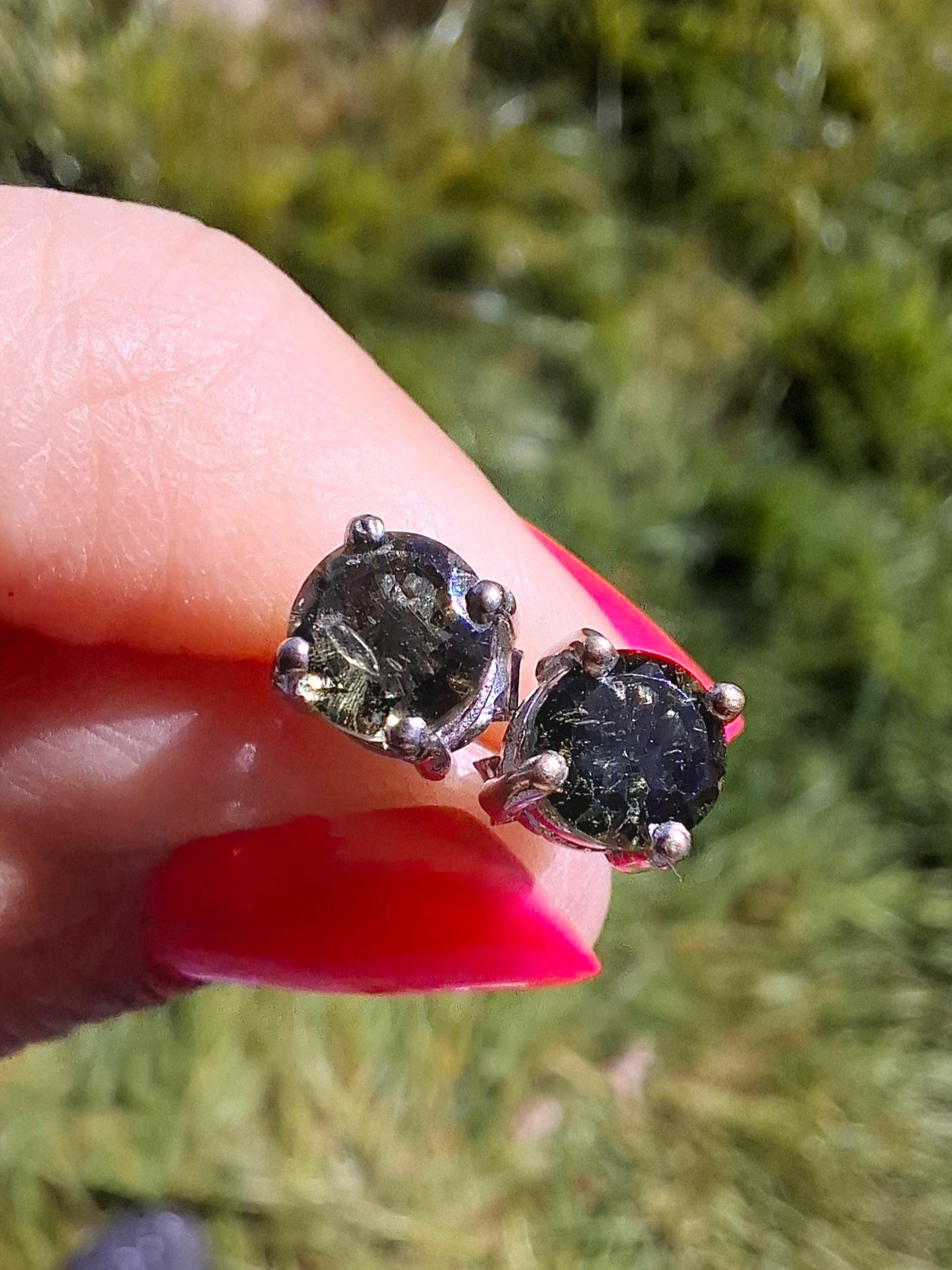 Moldavite (faceted), 5mm STUD EARRINGS, 925 Silver, Tektite (Ref: Pair52)