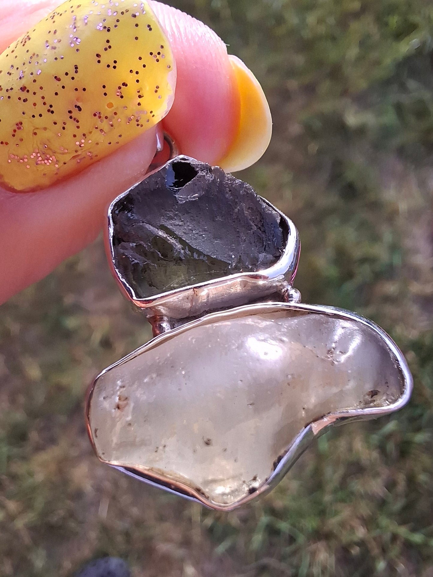 Moldavite & Libyan Desert Glass Pendant, 925 Silver, Tektite (Ref: MLP10)
