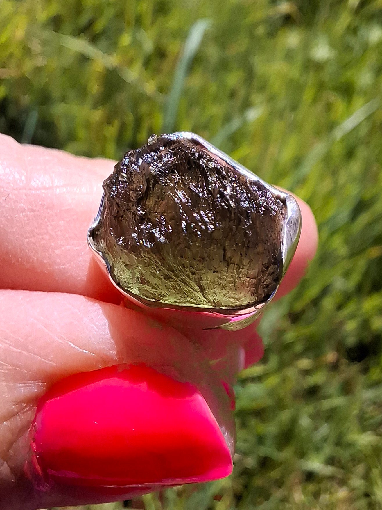 Moldavite Ring, size O, 925 Silver, Tektite (Ref: R312)
