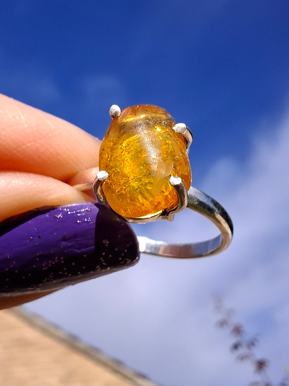 Baltic Amber Ring, size large O, 925 Silver, Fossil (Ref: AR12)