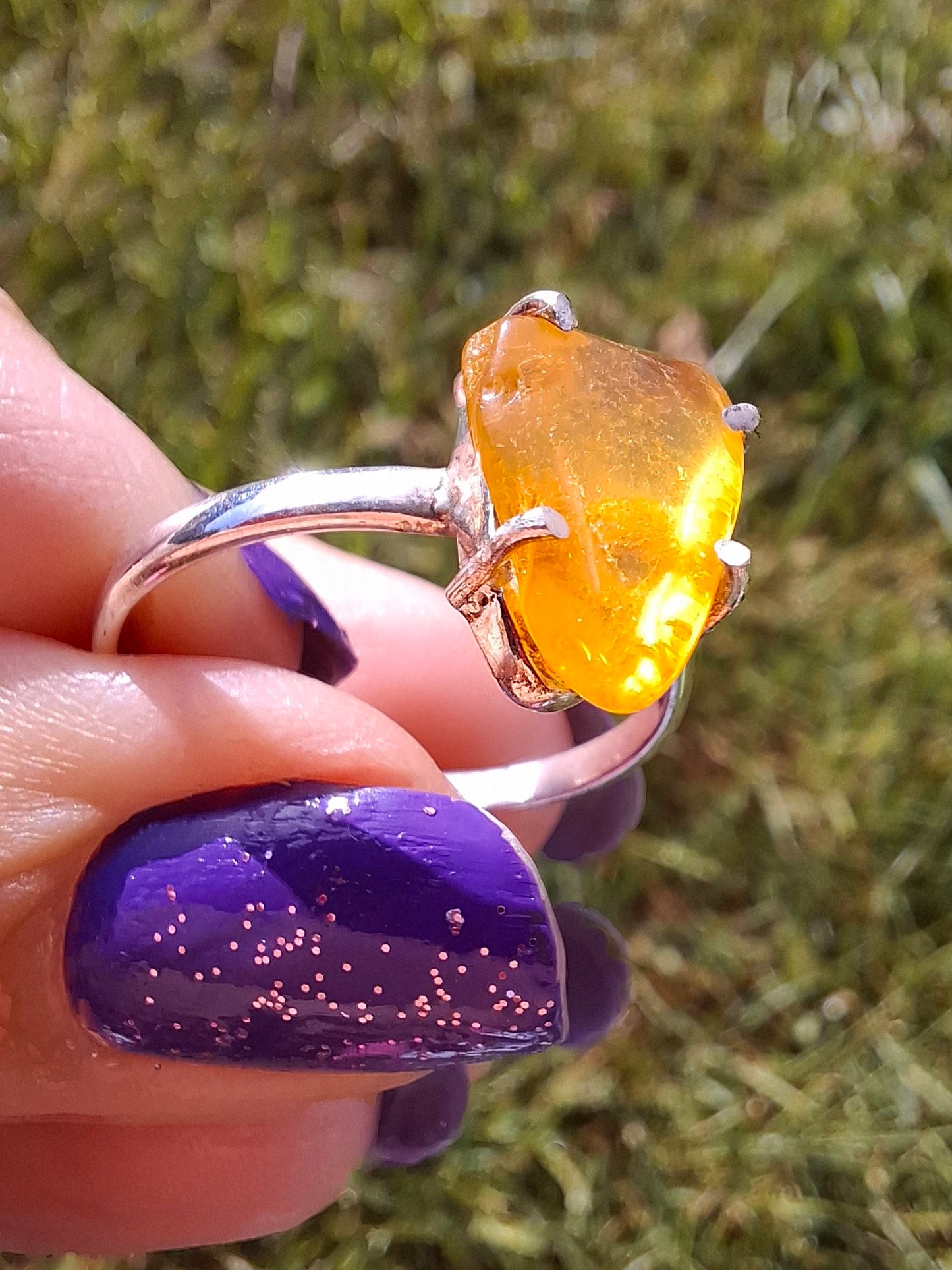 Baltic Amber Ring, size large U, 925 Silver, Fossil (Ref: AR21)