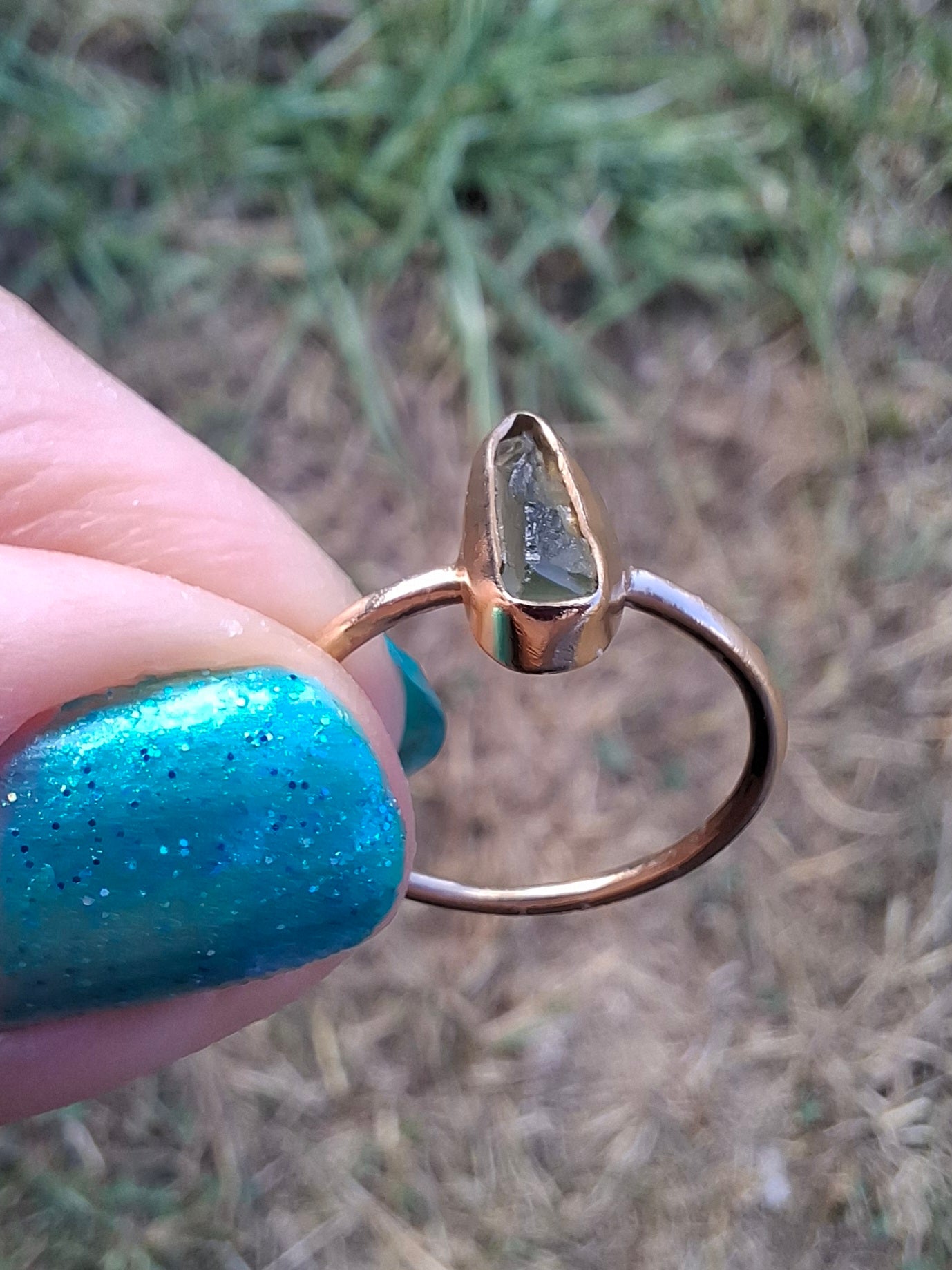 Moldavite Ring, 14K GOLD Plated, size large K / small L, Tektite (Ref: R335)