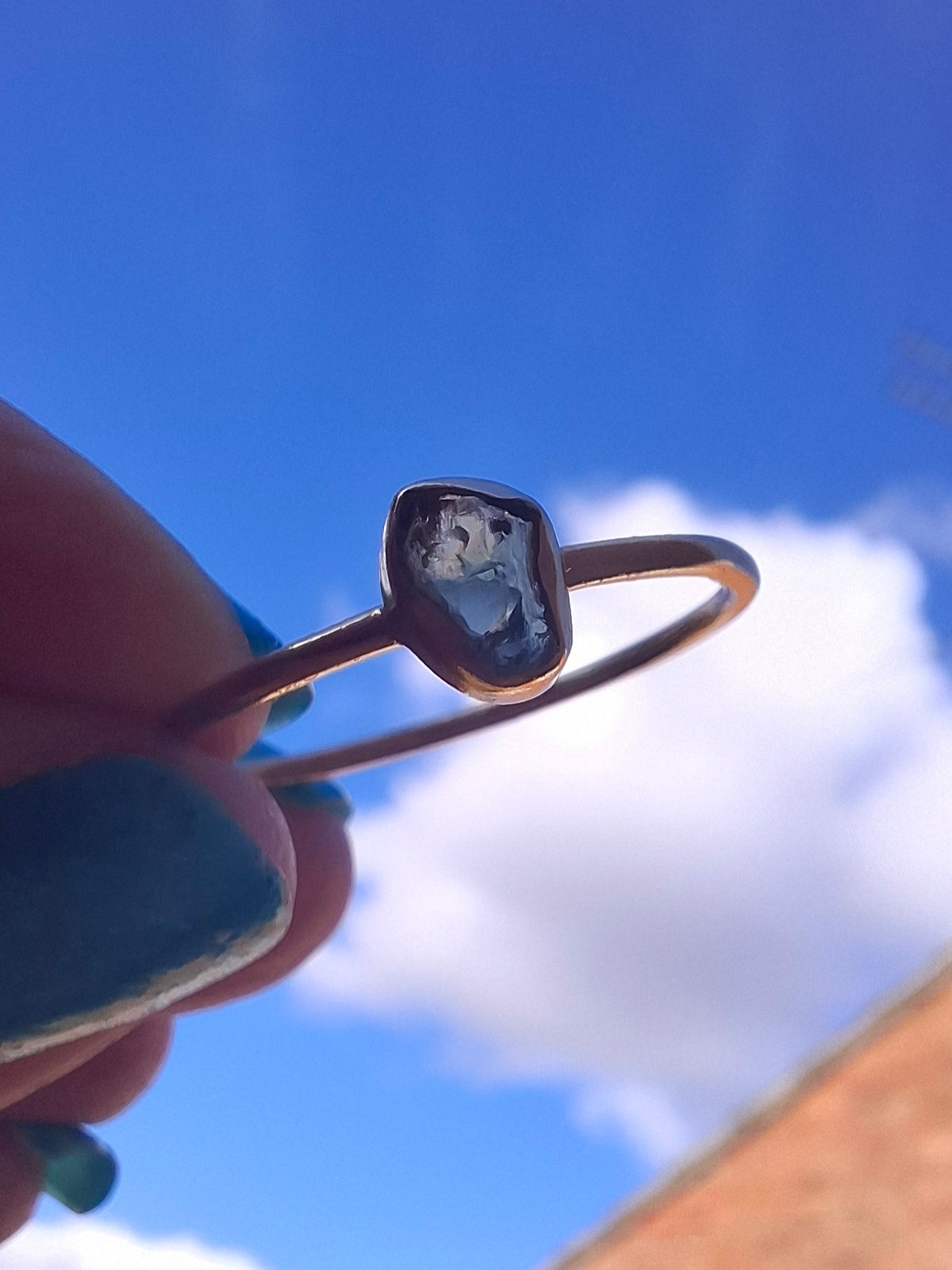 Moldavite Ring, 14K GOLD Plated, size large T, Tektite (Ref: R350)