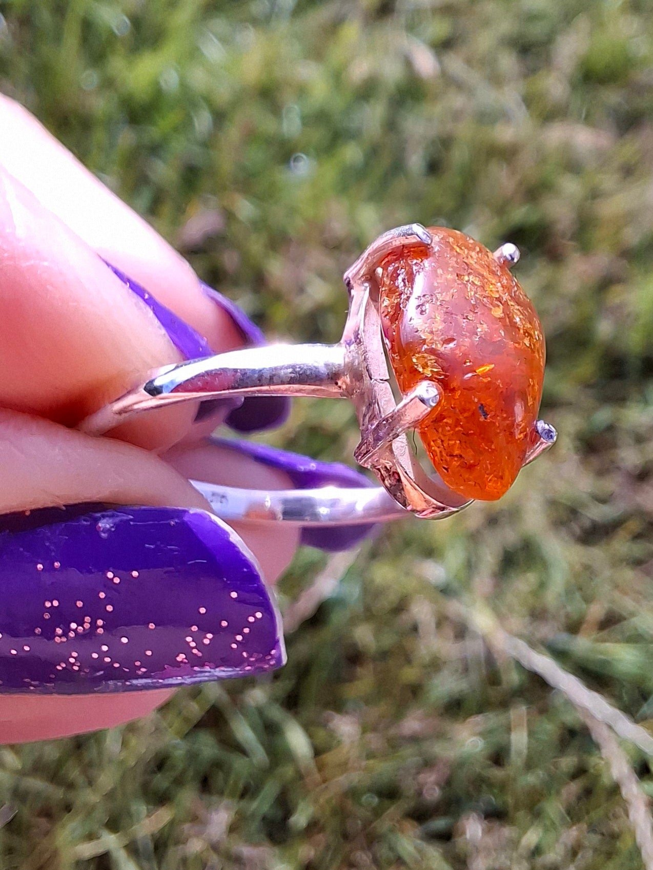 Baltic Amber Ring, size large X, 925 Silver, Fossil (Ref: AR32)