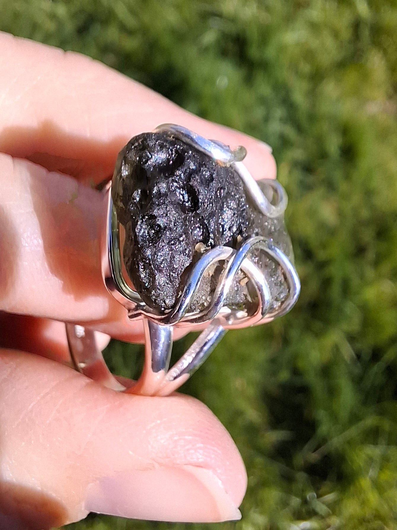 Moldavite Ring, size W, 925 silver, Tektite (Ref: R16)