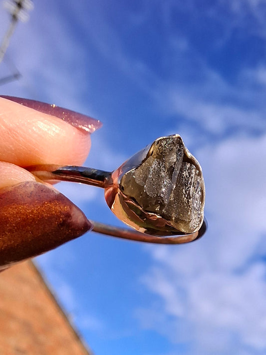 Moldavite Ring, size small X, 925 Silver, Tektite (Ref: R33)