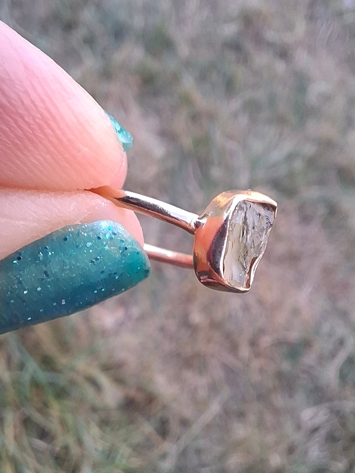 Moldavite Ring, 14K GOLD Plated, size large M, Tektite (Ref: R341)