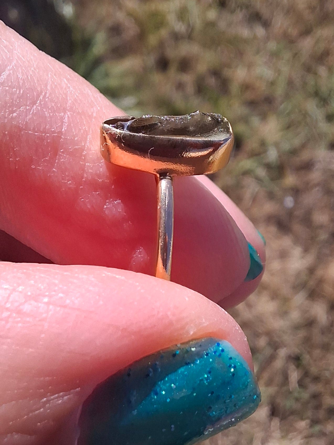 Moldavite Ring, 14K GOLD Plated, size large K / small L, Tektite (Ref: R335)