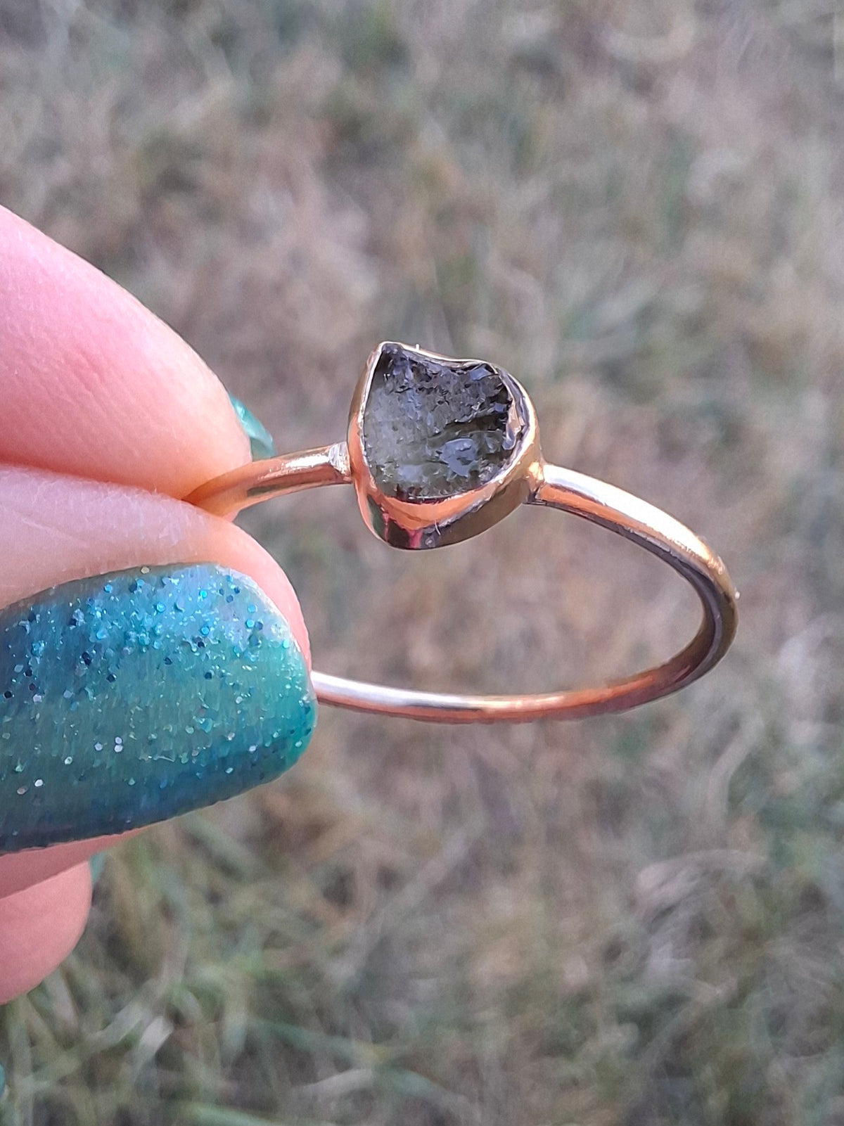 Moldavite Ring, 14K GOLD Plated, size U, Tektite (Ref: R348)