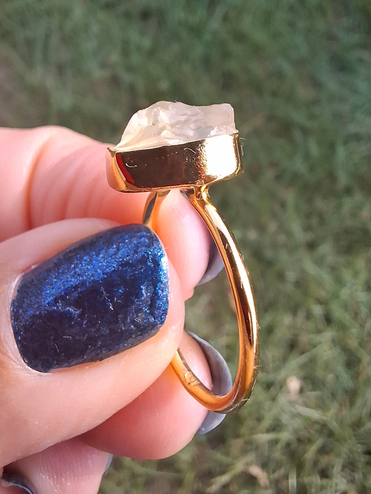 Libyan Desert Glass Ring, 14K GOLD Plated, size large N, Tektite (Ref: LR75)