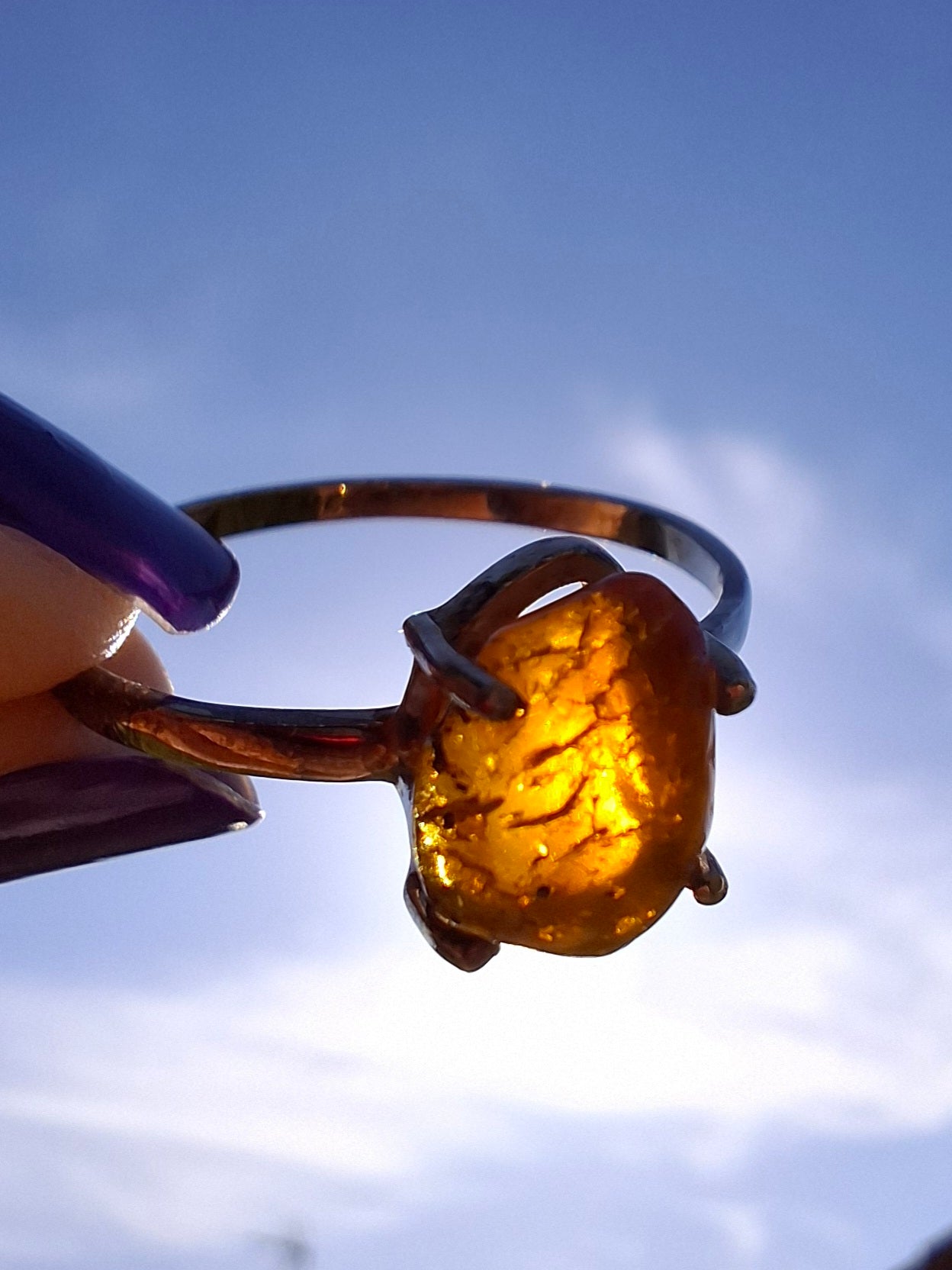 Baltic Amber Ring, size large W, 925 Silver, Fossil (Ref: AR28)