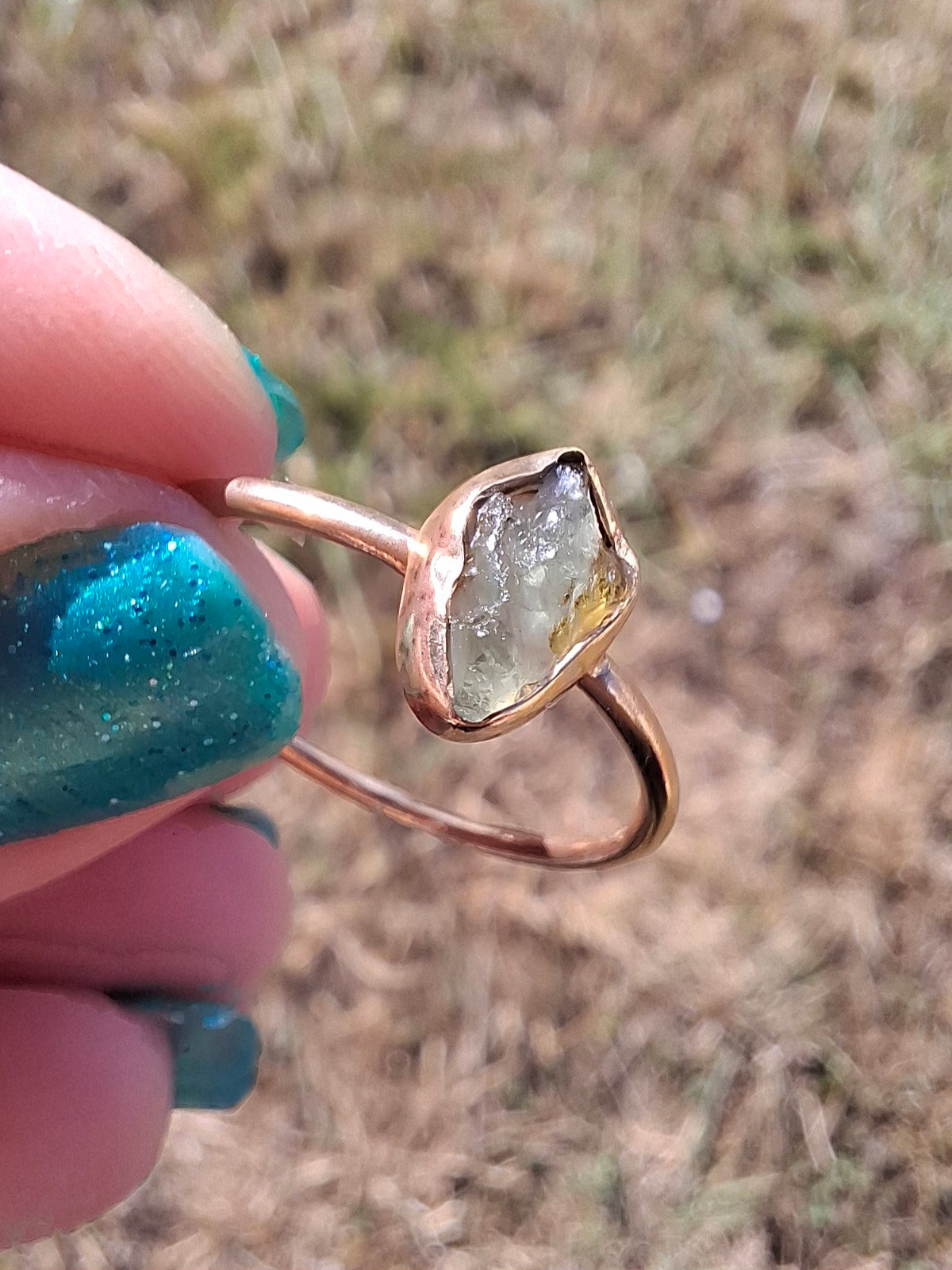 Moldavite Ring, 14K GOLD Plated, size large T, Tektite (Ref: R347)