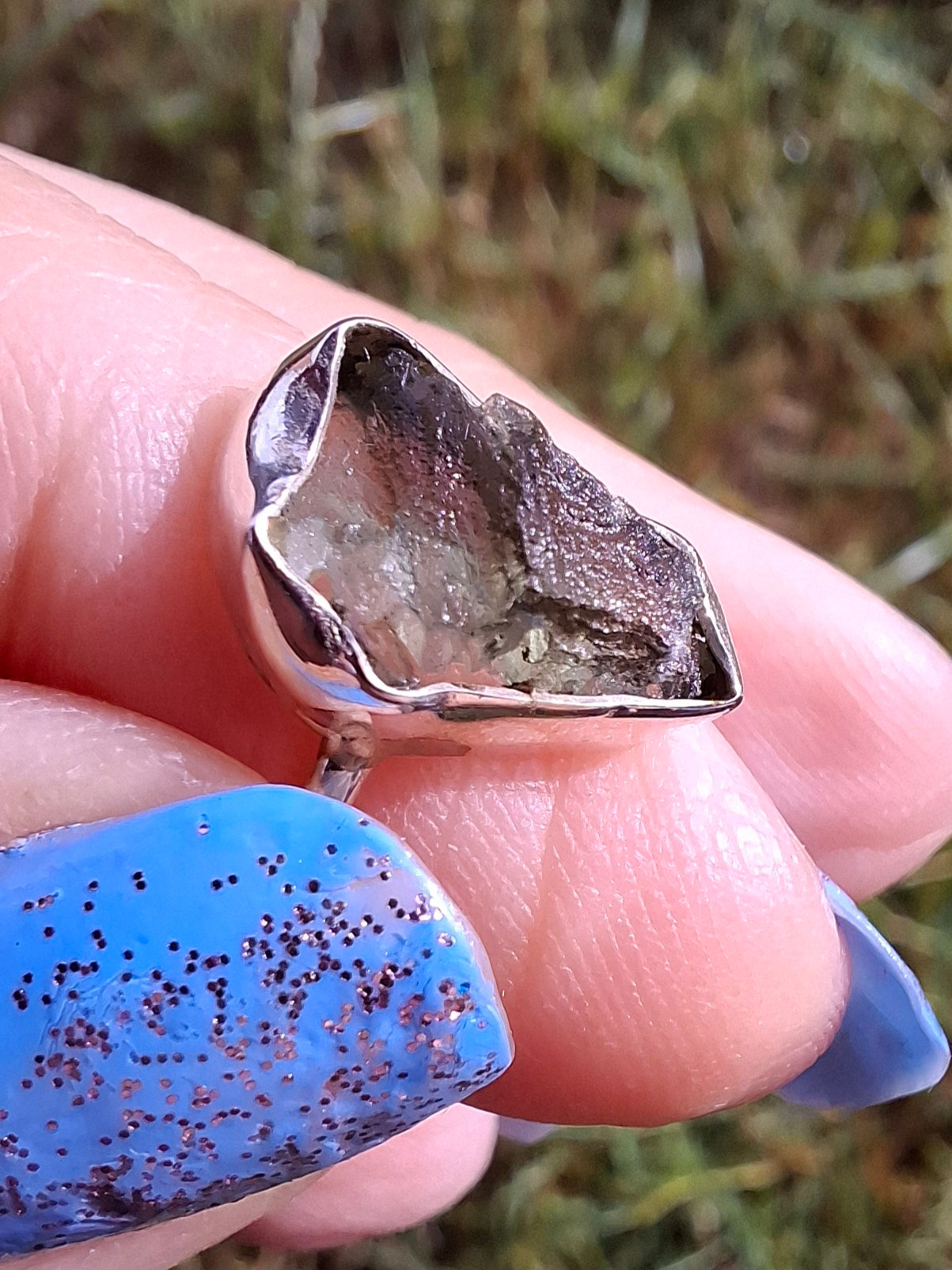 Moldavite Ring, size large G/small H, 925 Silver, Tektite (Ref: R19)