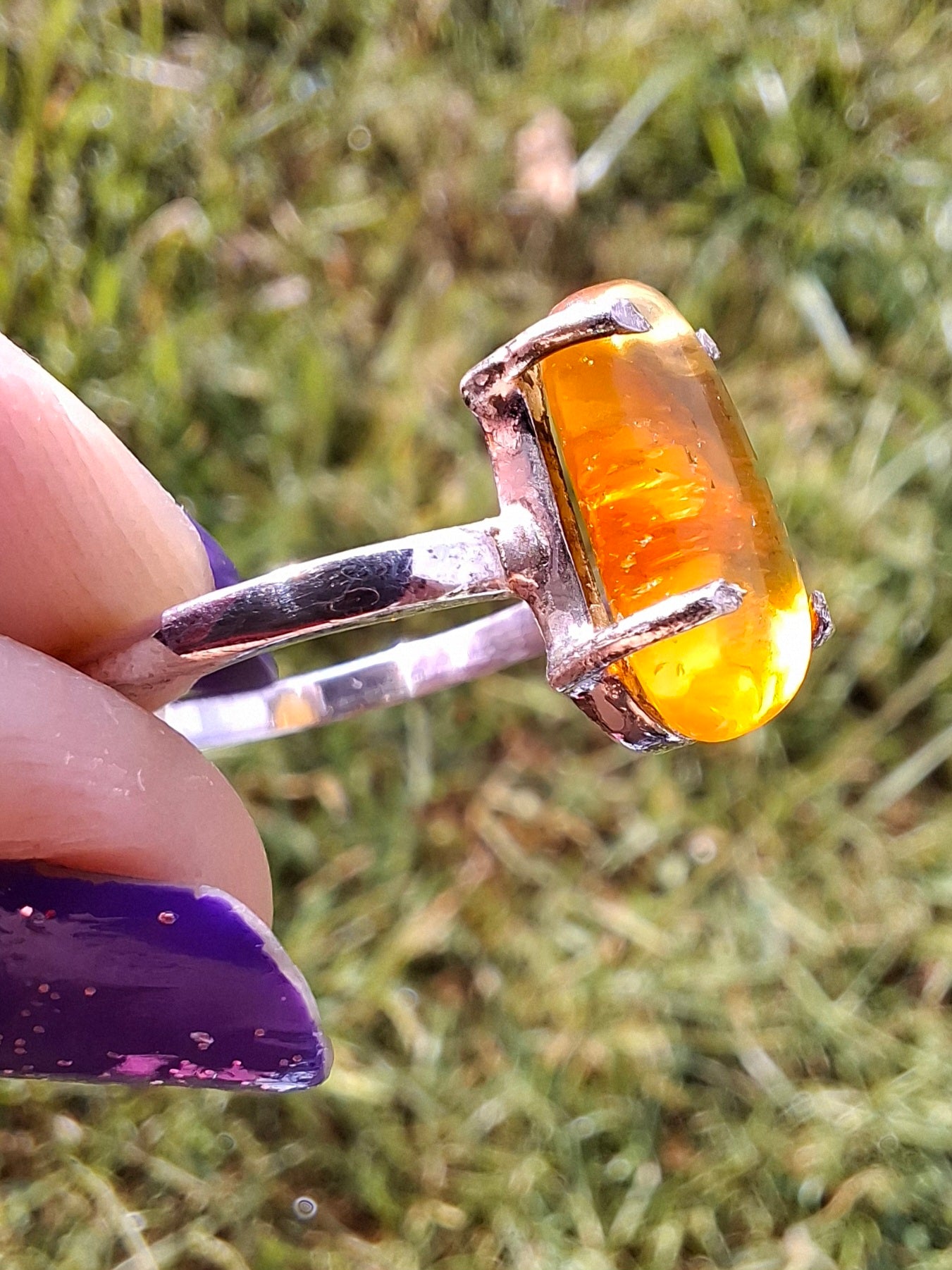 Baltic Amber Ring, size large T, 925 Silver, Fossil (Ref: AR18)