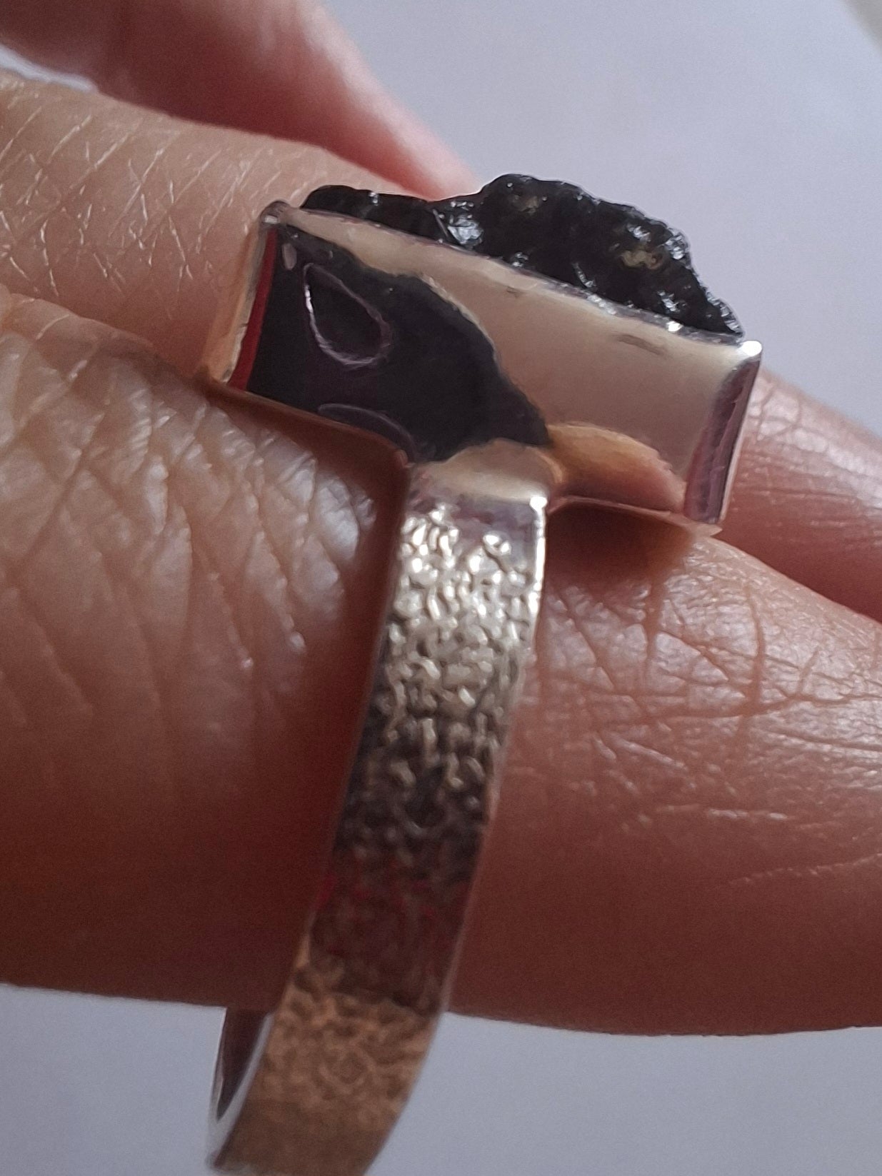 Moldavite Ring, size P, 925 Silver, Tektite (Ref: R314)