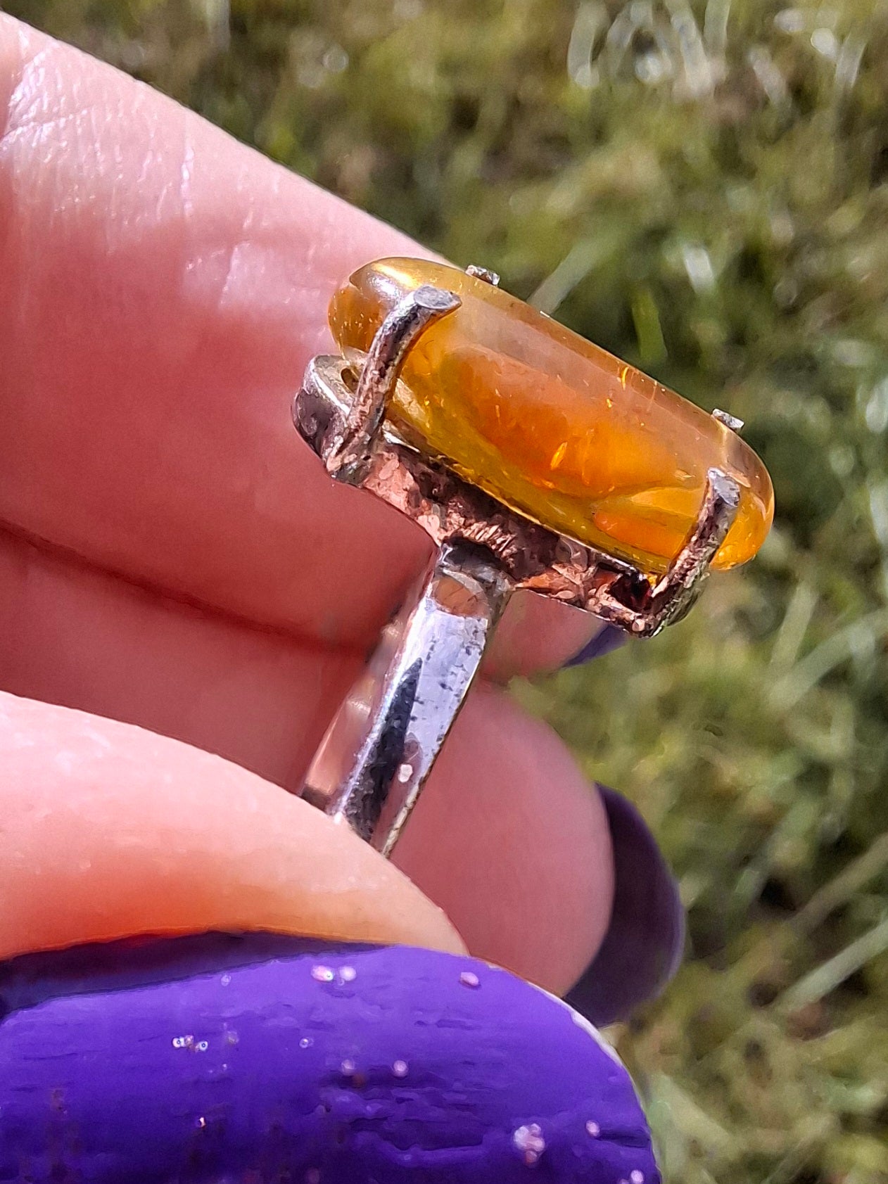 Baltic Amber Ring, size large T, 925 Silver, Fossil (Ref: AR18)