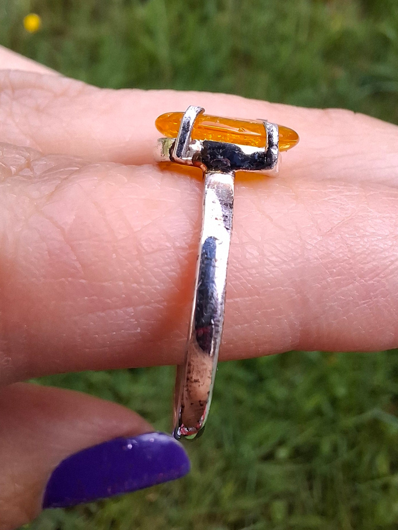 Baltic Amber Ring, size large R, 925 Silver, Fossil (Ref: AR17)