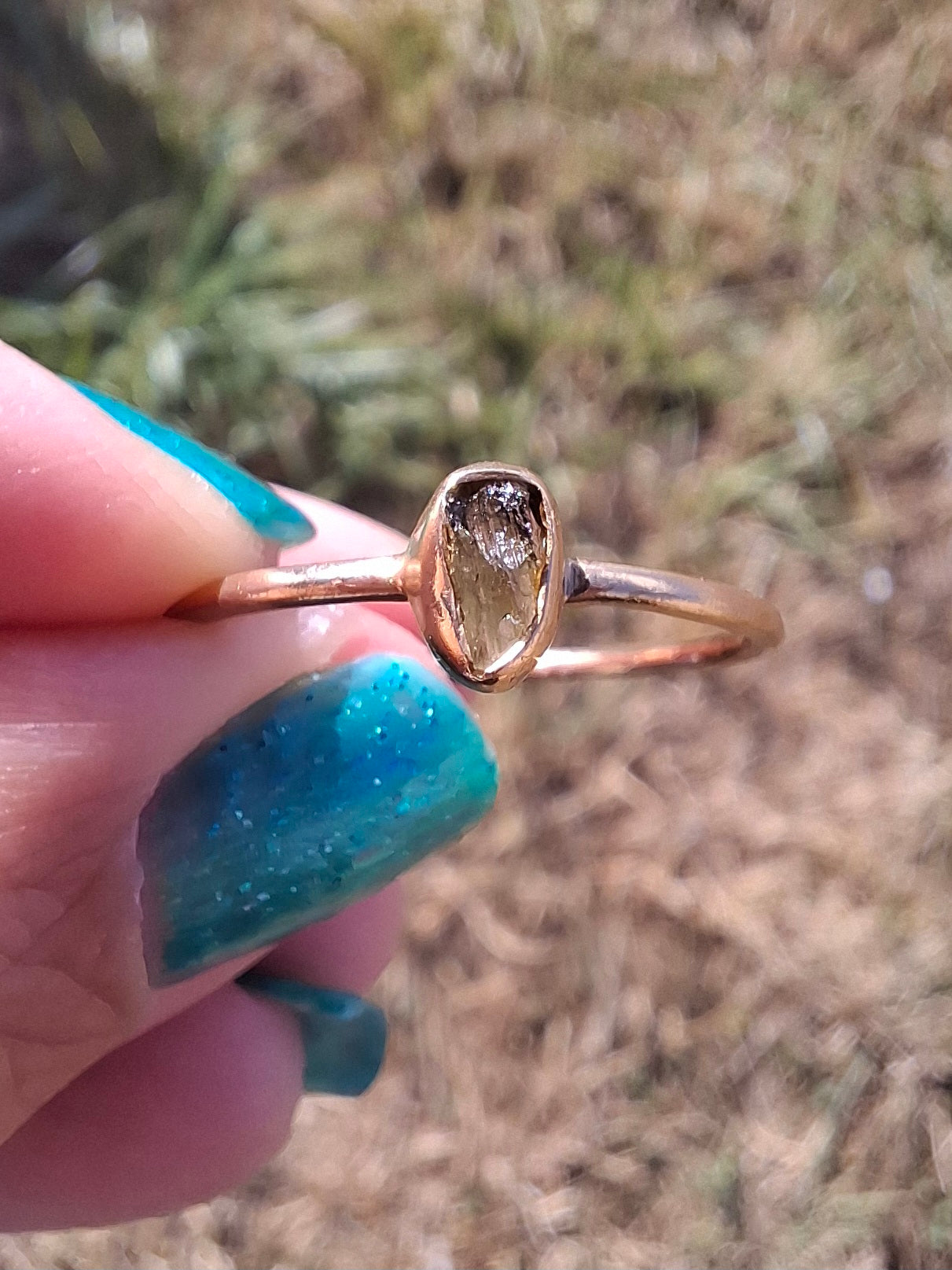 Moldavite Ring, 14K GOLD Plated, size large S, Tektite (Ref: R345)