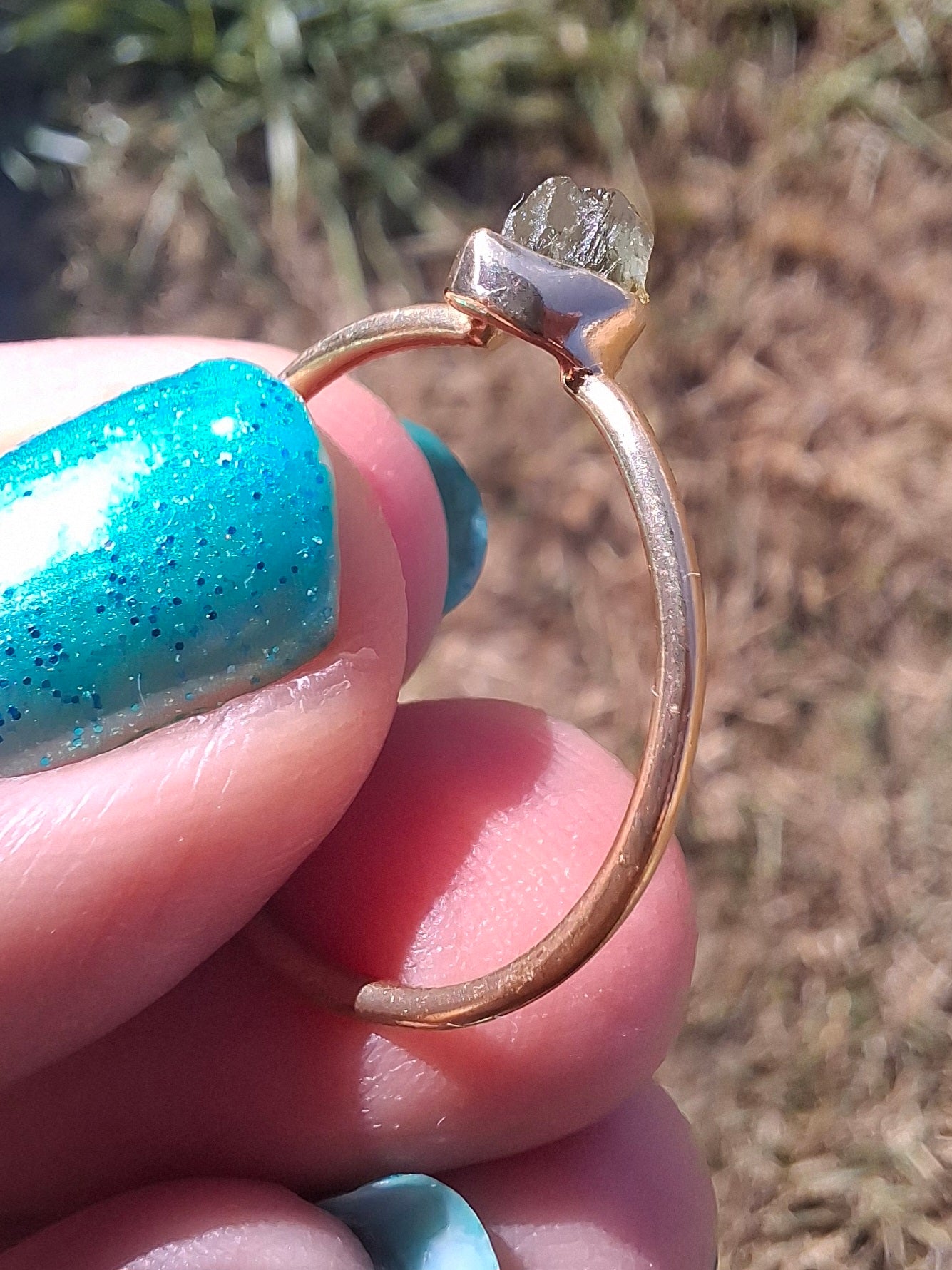 Moldavite Ring, 14K GOLD Plated, size large S / small T, Tektite (Ref: R352)