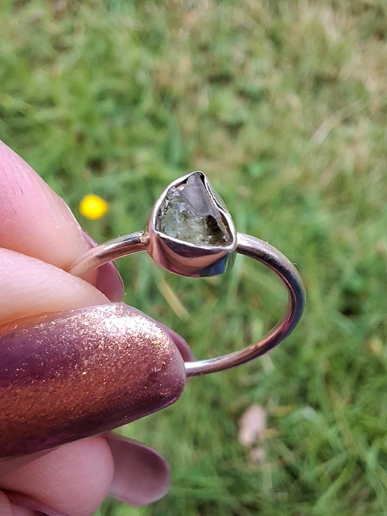 Moldavite's Ring, size large L/small M, 925 Silver, Tektite (Ref: R36)