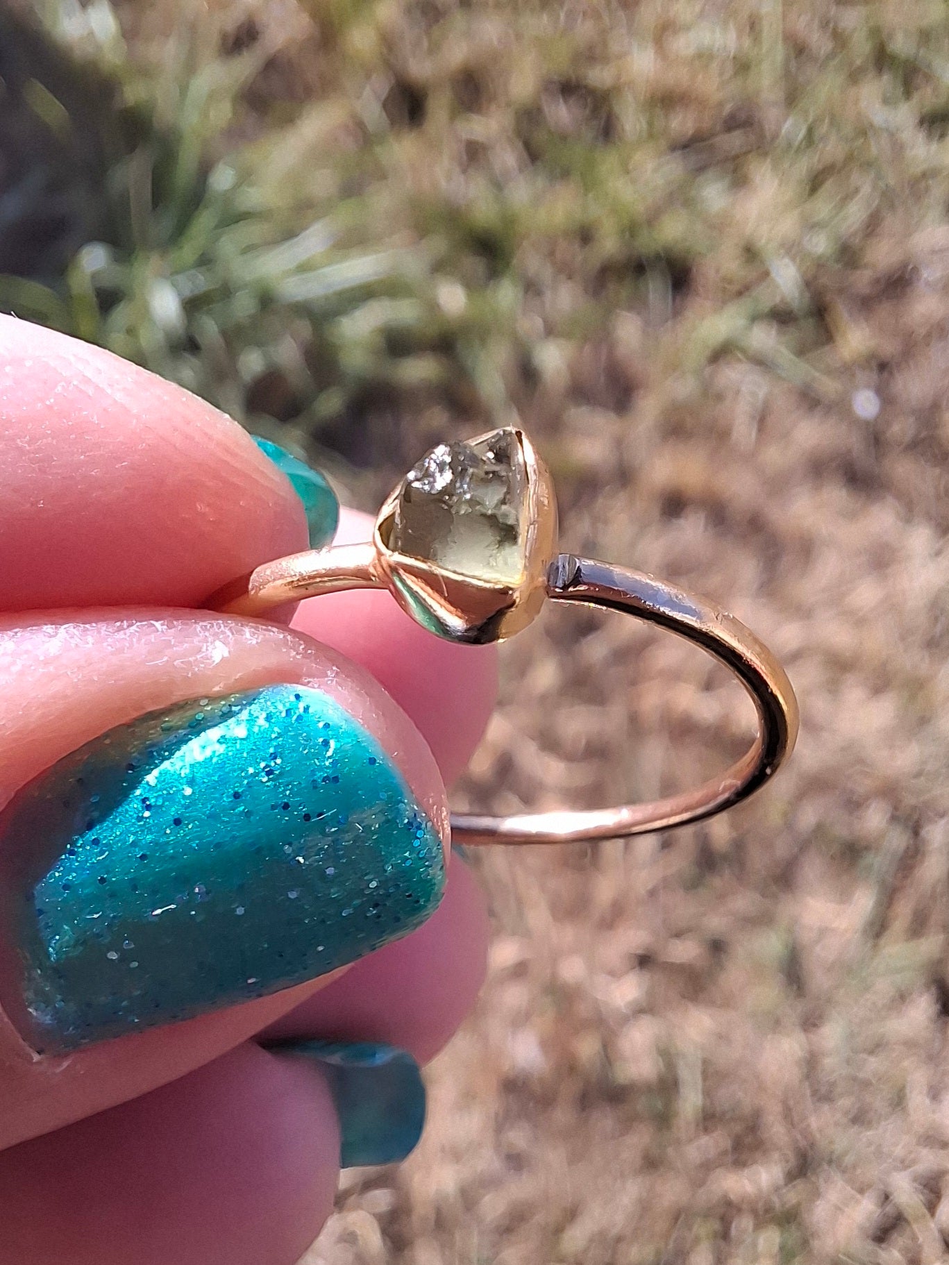 Moldavite Ring, 14K GOLD Plated, size large S / small T, Tektite (Ref: R352)