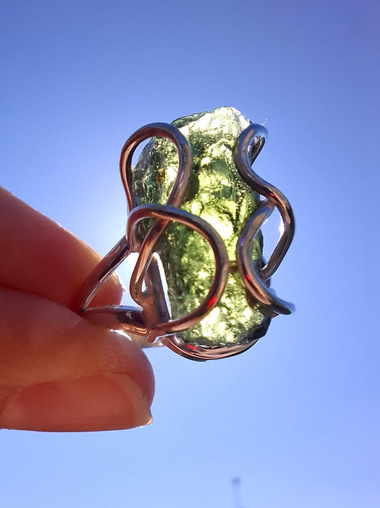 Moldavite Ring, size O, 925 Silver, Tektite (Ref: R9)