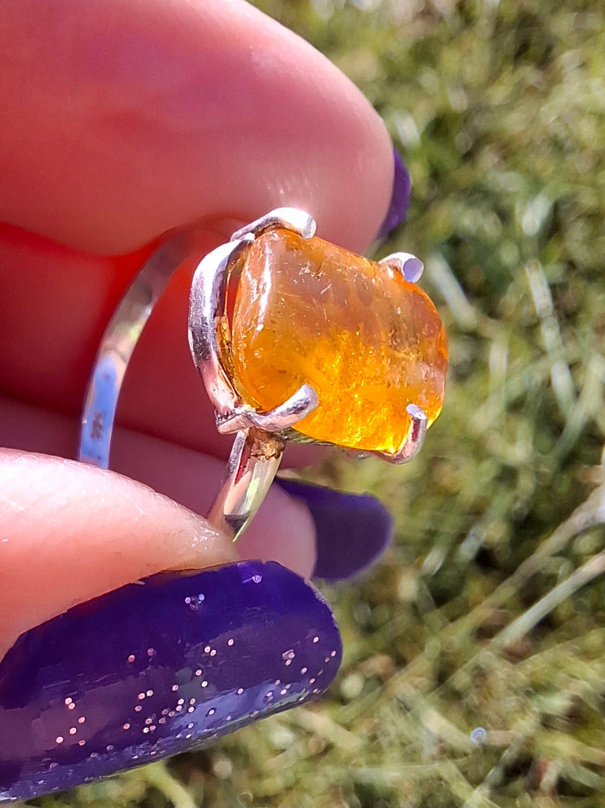 Baltic Amber Ring, size large N, 925 Silver, Fossil (Ref: AR9)