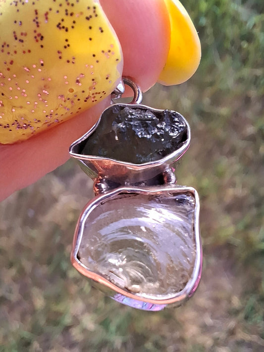 Moldavite & Libyan Desert Glass Pendant, 925 Silver, Tektite (Ref: MLP13)