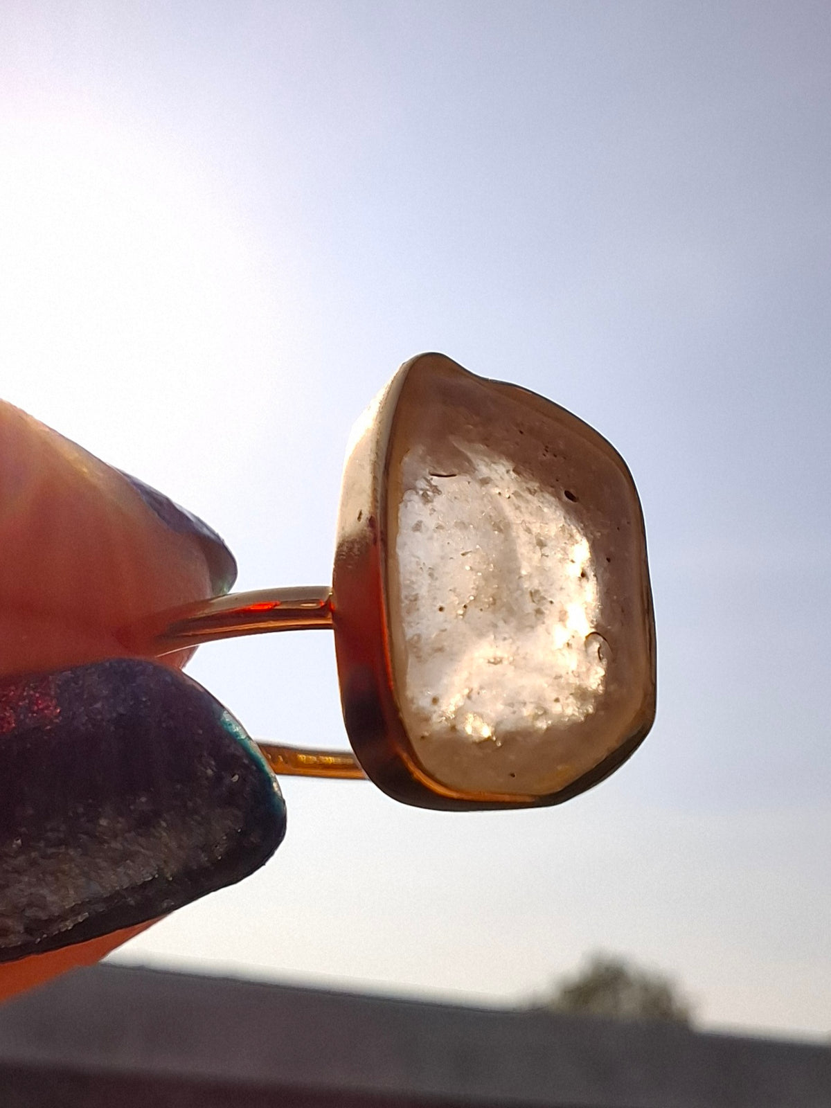 Libyan Desert Glass Ring, 14K GOLD Plated, size large O, Tektite (Ref: LR71)