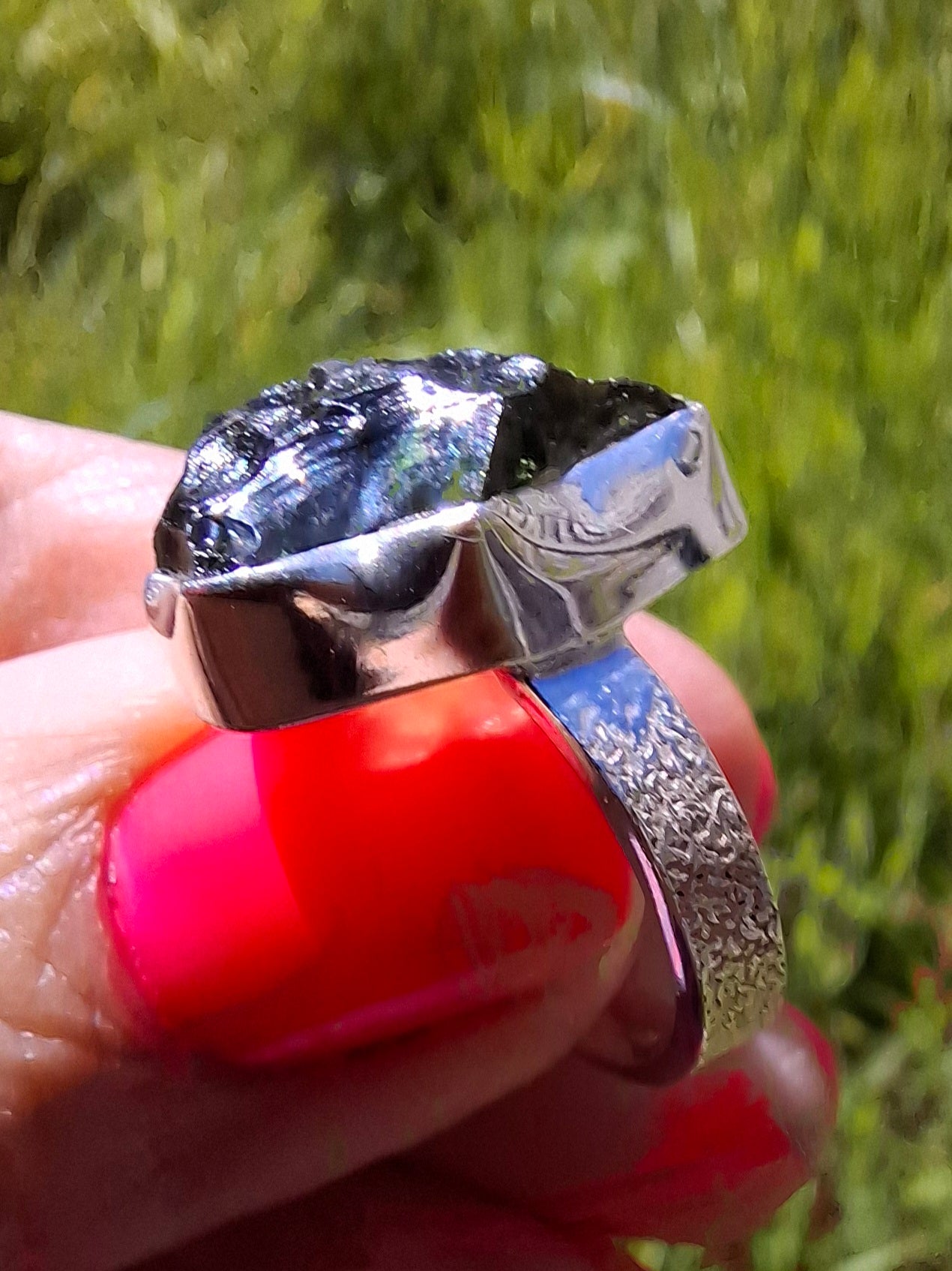 Moldavite Ring, size K, 925 Silver, Tektite (Ref: R301)