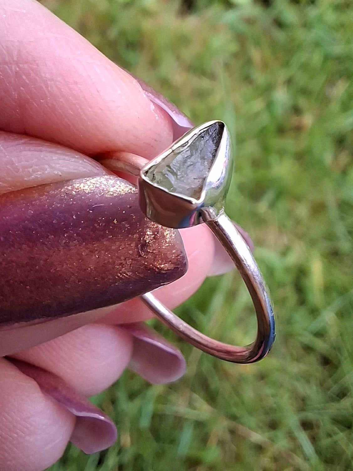 Moldavite Ring, size small L, 925 Silver, Tektite (Ref: R62)