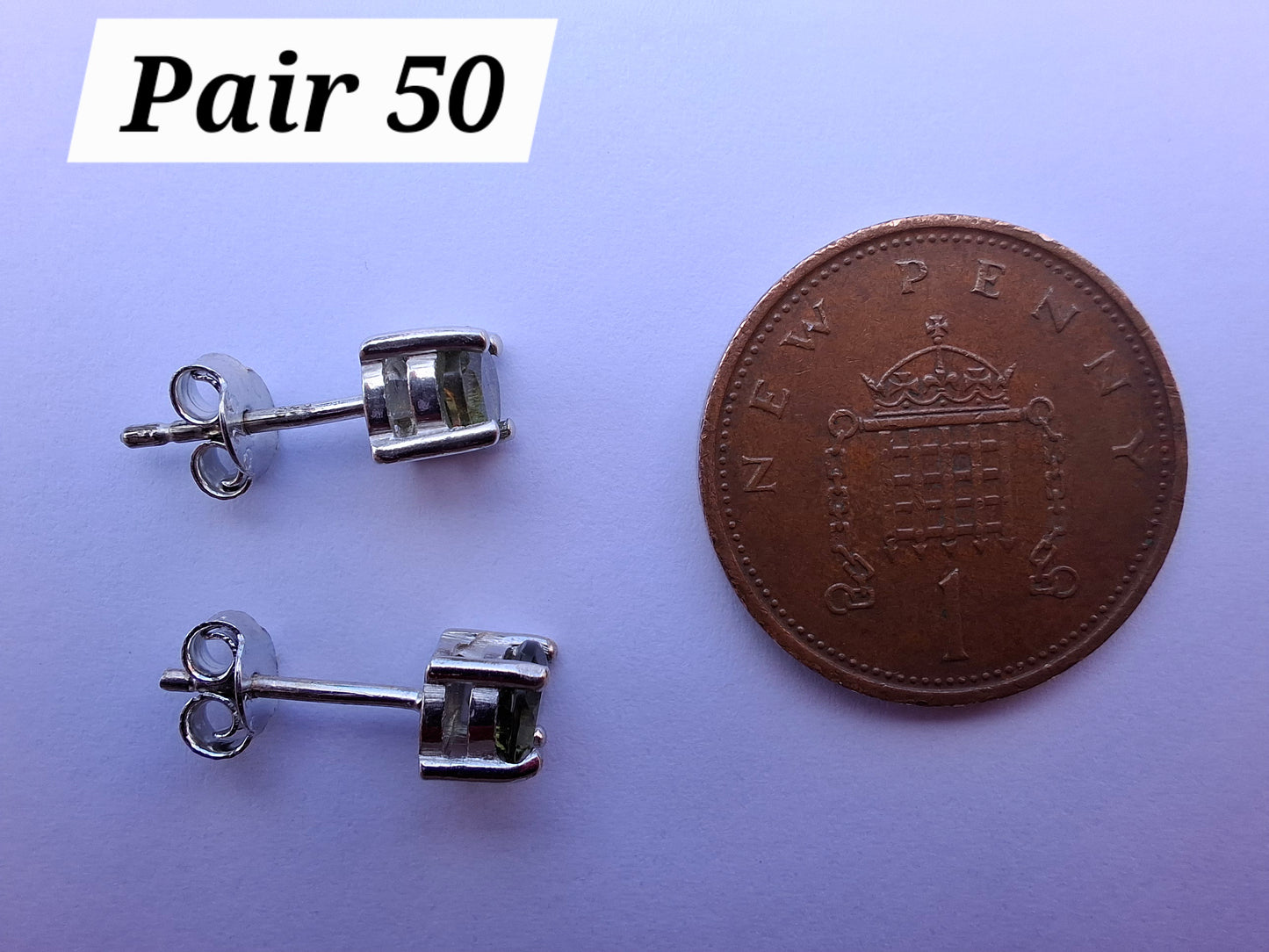 Moldavite (faceted) 5mm STUD EARRINGS, 925 Silver, Tektite (Ref: Pair50)