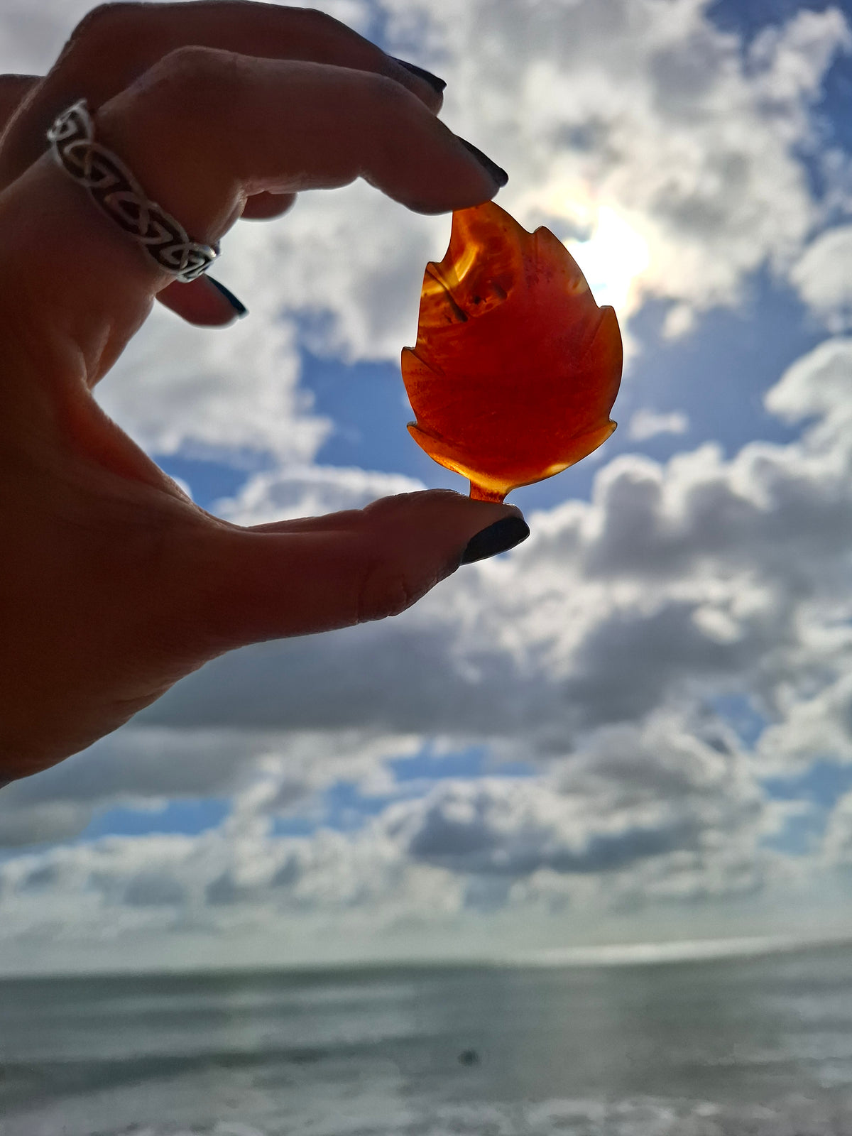 Red Amber Leaf Carving, 7.69g, Fossil (Ref: Leaf10)