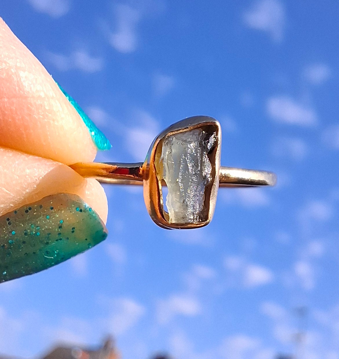 Moldavite Ring, 14K GOLD Plated, size large M, Tektite (Ref: R341)
