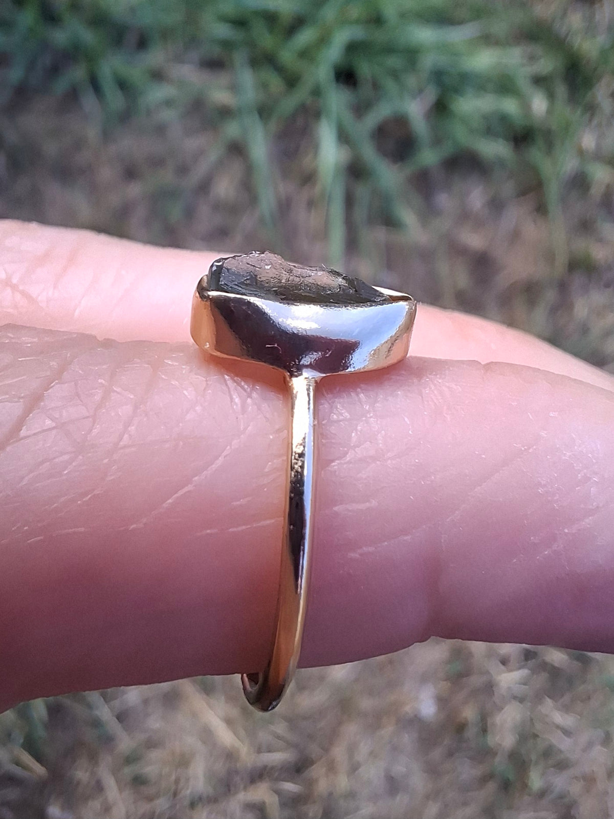 Moldavite Ring, 14K GOLD Plated, size large K / small L, Tektite (Ref: R335)