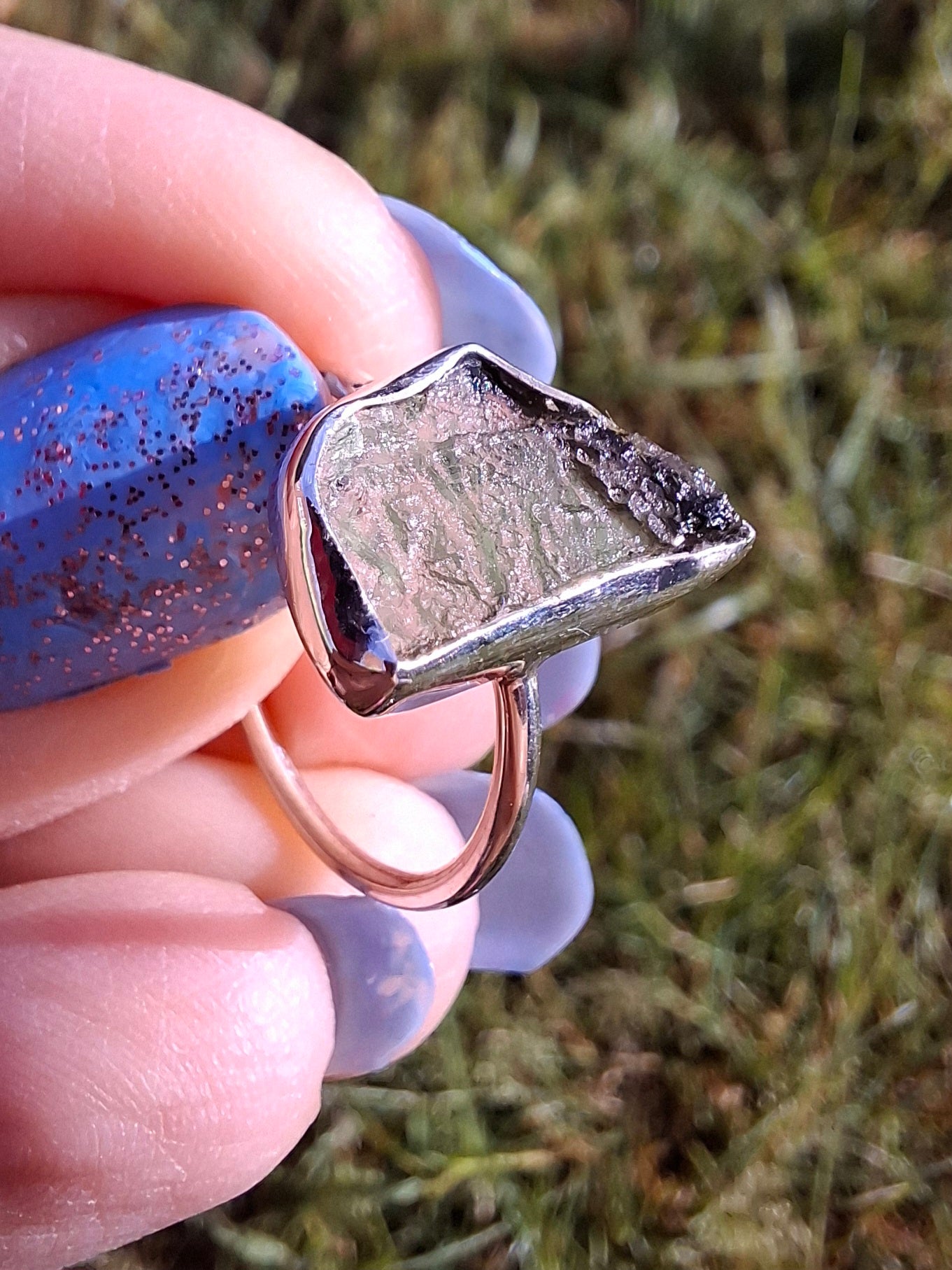 Moldavite Ring, size large M, 925 Silver, Tektite (Ref: R24)