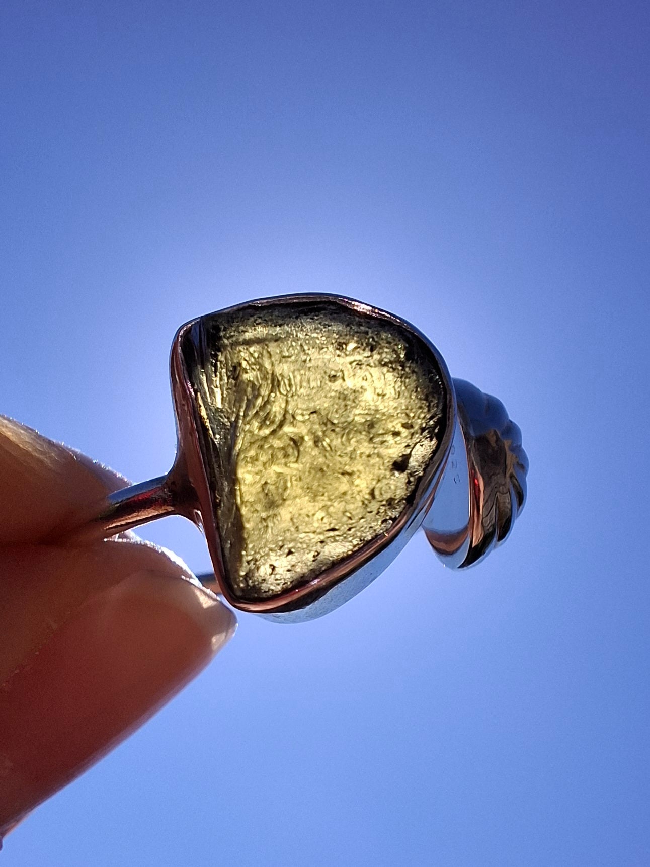 Moldavite ADJUSTABLE Ring, size large N, 925 Silver, Tektite (Ref: AR 39)